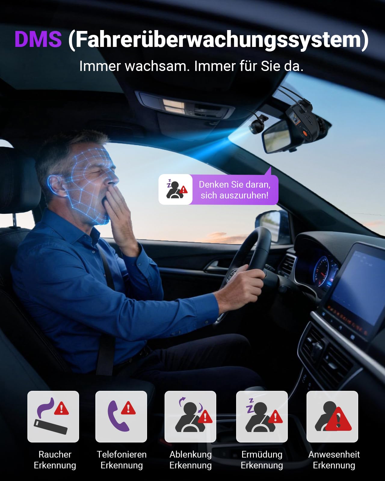VANTRUE S1 Pro DMS 2,7k Dashcam Vorne Innen 1944P+1080P, Auto Kamera 60FPS STARVIS 2 Nachtsicht, 5GHz WLAN GPS, ADAS und DMS AI Systeme, 24H Parküberwachung, G-Sensor, Loop-Aufnahme, DSGVO konform