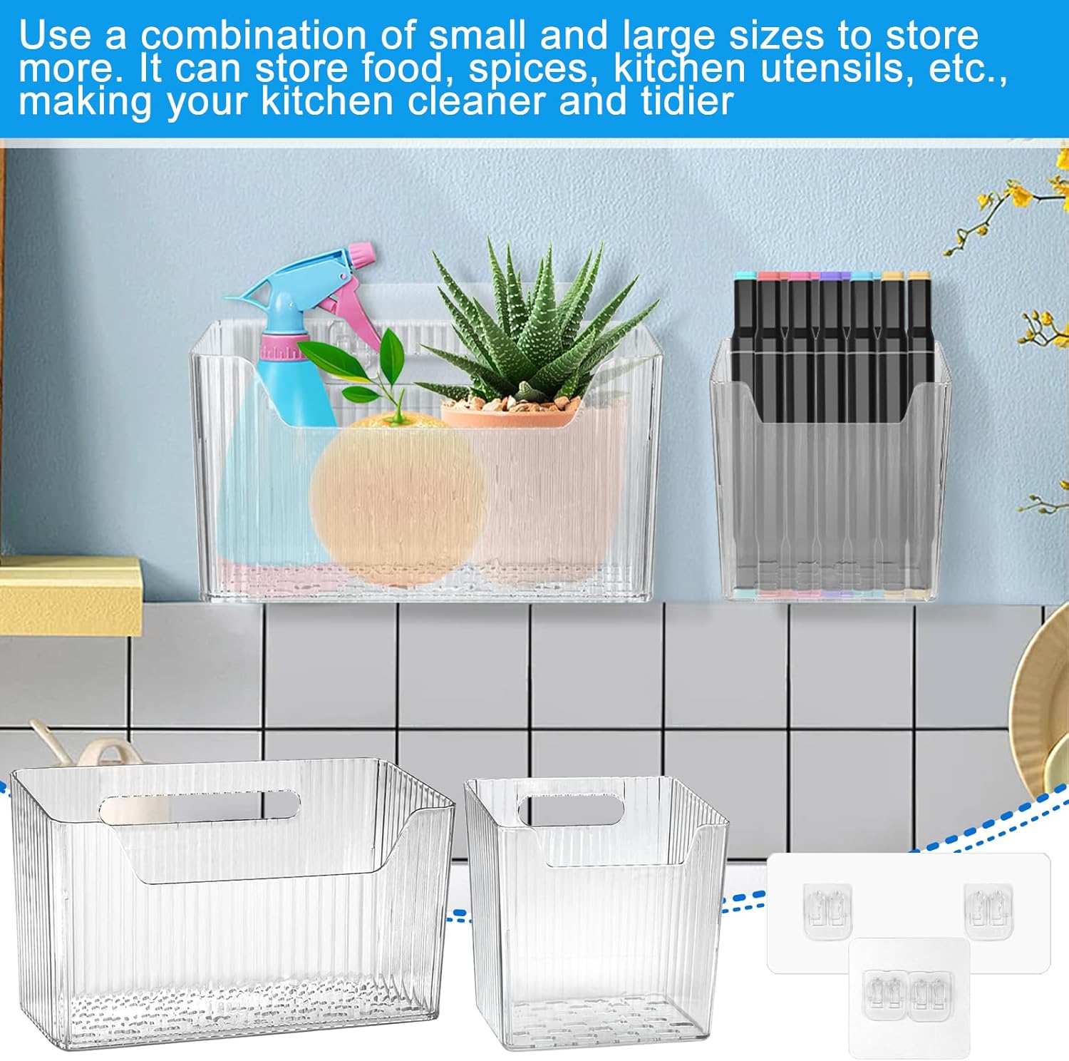 8 Pcs Storage Organizer Bins - Wall Mounted Basket in 2 Sizes, Clear Cabinet Door Stackable Adhesive Hanging Bin for Bathroom, Kitchen, Pantry