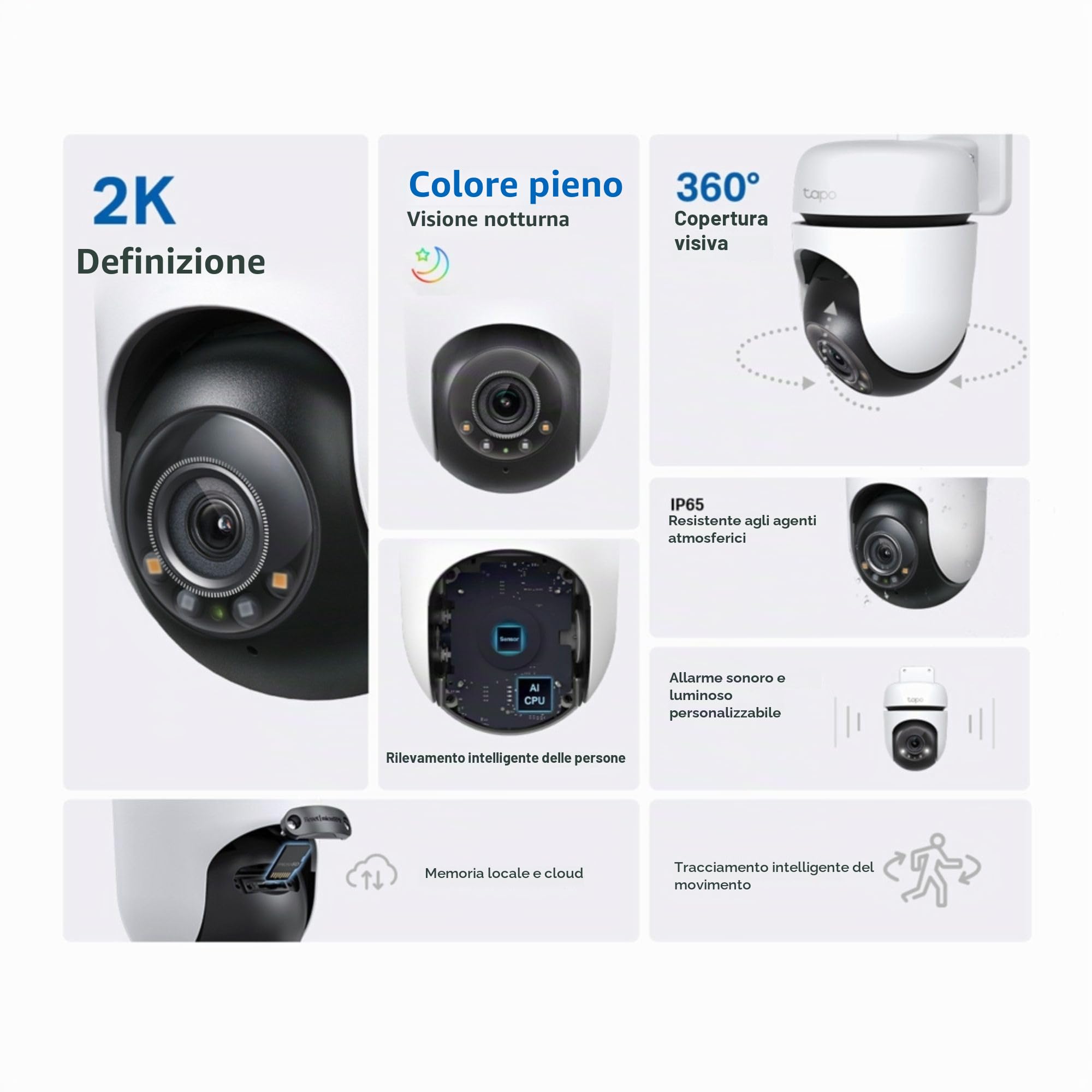Tapo TC41 Telecamera di Sicurezza Esterna Pan/Tilt 2K, Telecamera WiFi, Rilevamento Intelligente di Persone a 360° con Tracciamento del Movimento, Visione Notturna a Colori Completi, Nessun Canone