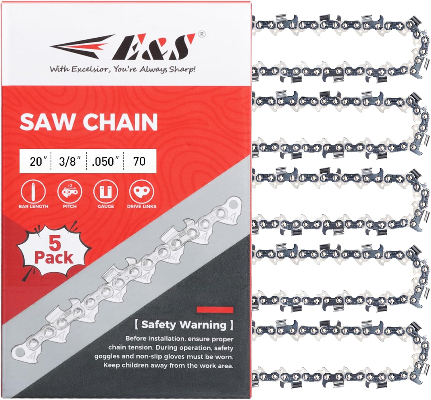 E & S 5 Pack 20 Inch Chainsaw Chain 3/8" Pitch .050" Gauge 70 Drive Links Semi-Chisel Chain Saw Chains for Oregon, Stihl, Husqvarna, Poulan, Craftsman, Greenworks and More Chainsaw Brands