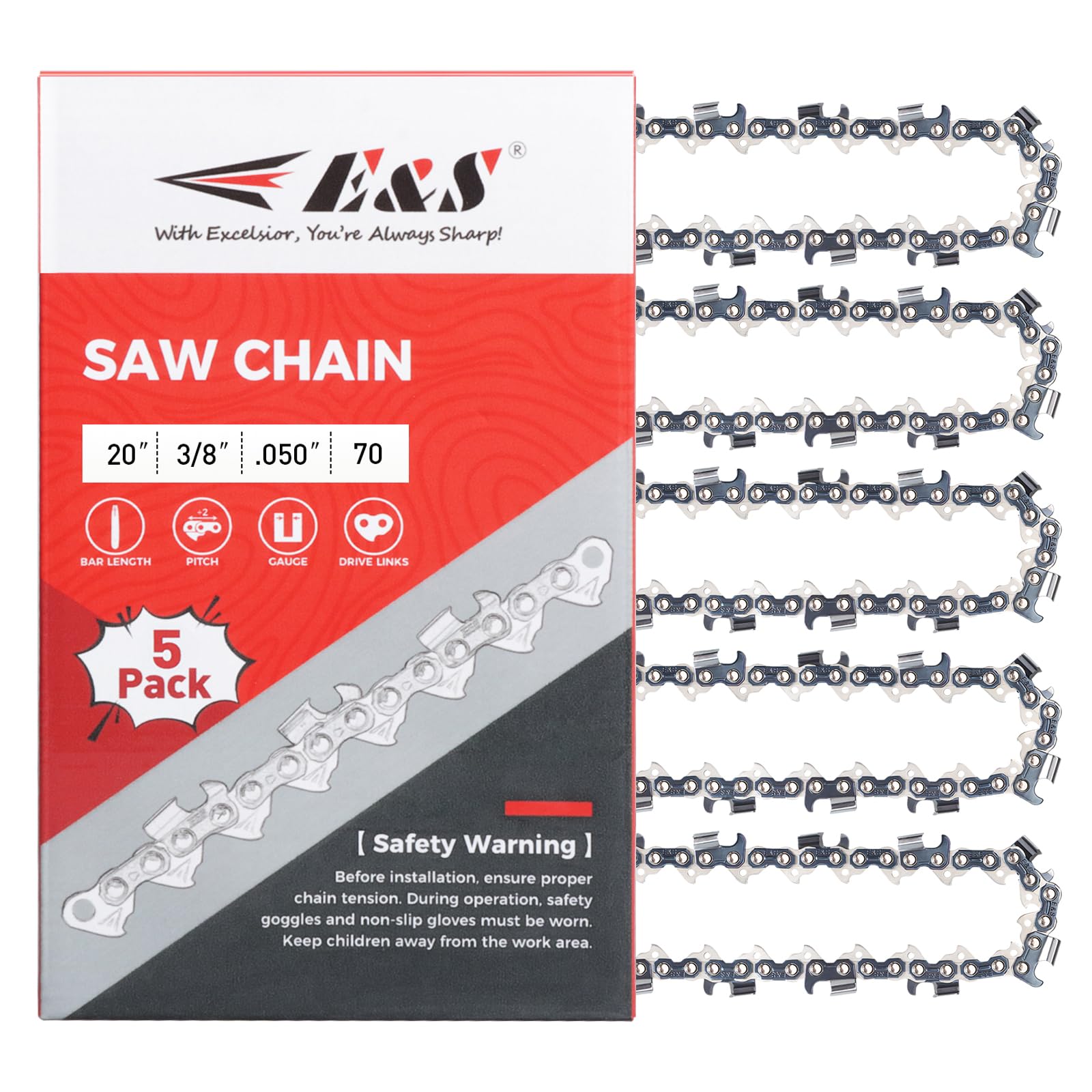 5 Pack 20 Inch Chainsaw Chain 3/8" Pitch .050" Gauge 70 Drive Links Semi-Chisel Chain Saw Chains for Oregon, Stihl, Husqvarna, Poulan, Craftsman, Greenworks and More Chainsaw Brands