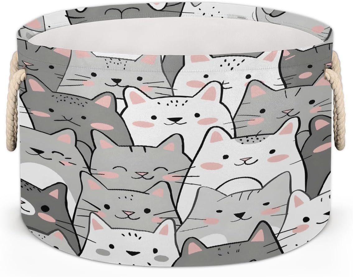 Large Round Laundry Basket Cute Animals Cat Gray Toy Bins Organizers and Storage for Girls Canvas Collapsible Blanket Storage Basket Laundry Hamper Gift Baskets Bedroom Clothes Children Nursery