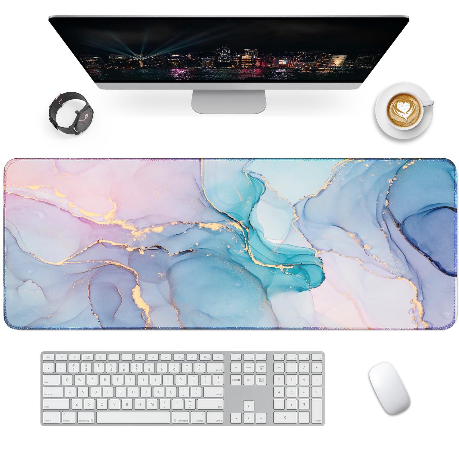 Giecy Gaming Mauspad XXL, Mousepad 900x400mm,Groß Schreibtischunterlage mit Rutschfester Gummibasis,Desk Mat für Tastatur, PC, Laptop(Puderblauer Marmor)