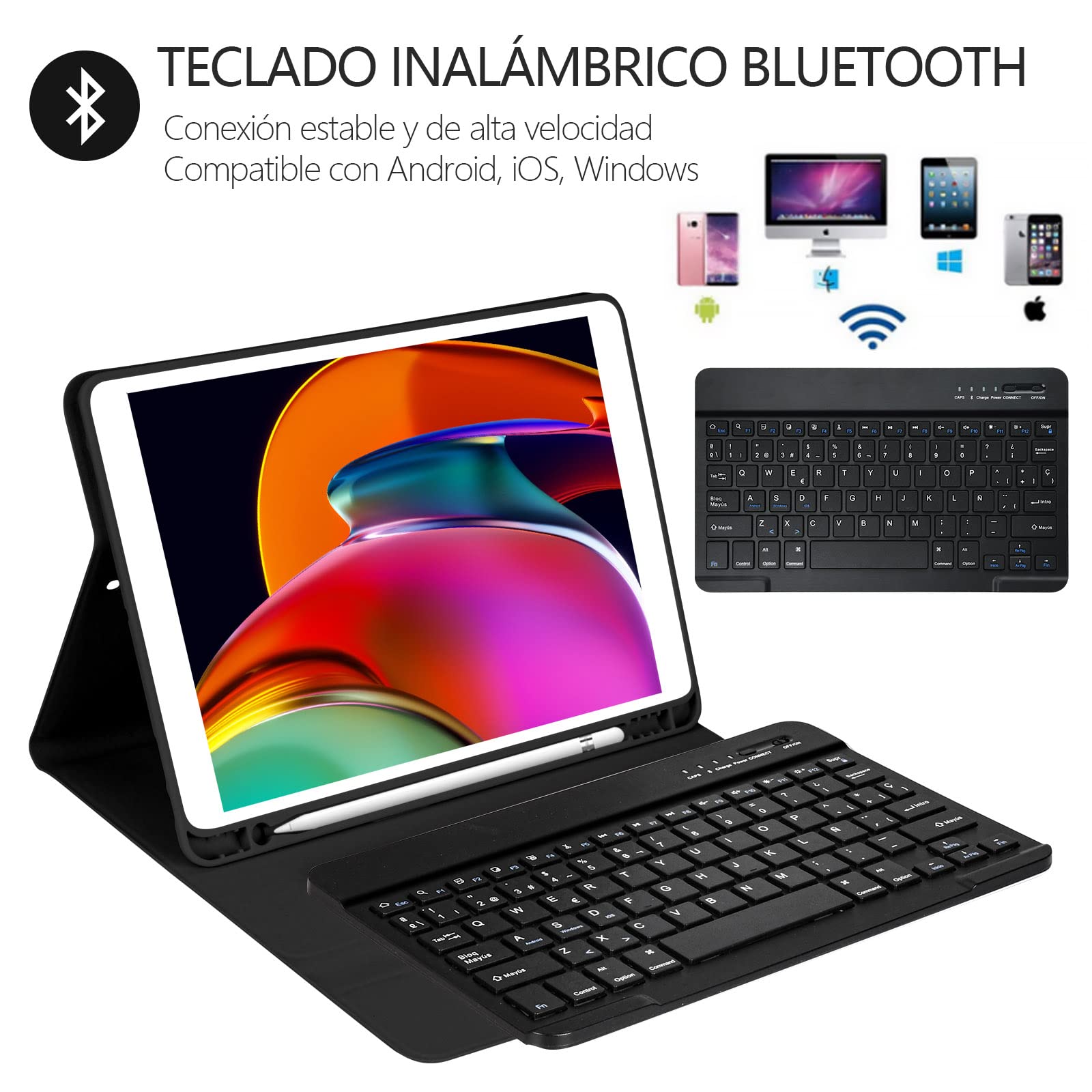 HOTLIFE Funda con Teclado para iPad 10.2 9th Gen 2021/iPad 8th 2020/iPad 7th 2019, Español Ñ con Inalámbrico Desmontable Teclado (QWERTY) para iPad Pro 10.5 2017/iPad Air 3 2019(Negro)