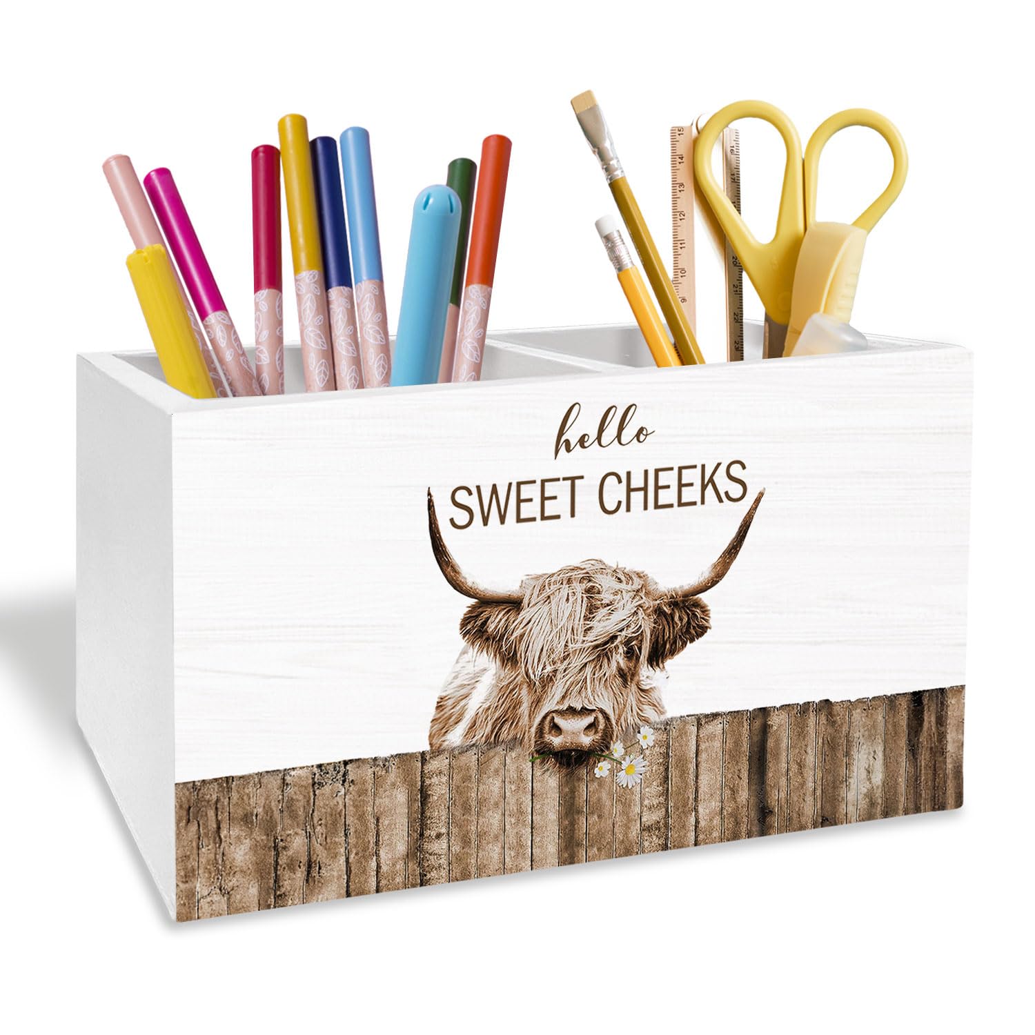 METNBASYY Farmhouse Highland Cow Pen Pencil Holder for Desk, Highland Cow Gifts for Women, Hello Sweet Cheeks Heifer Wooden Makeup Brush Toothbrush Holder Organizer for Vanity Bathroom