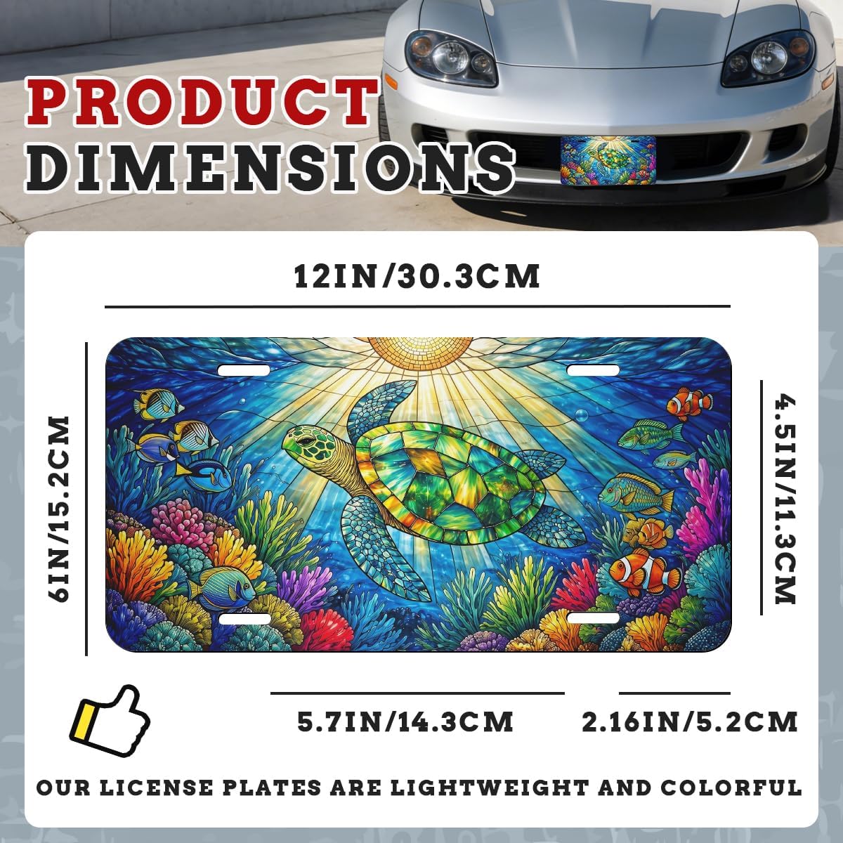 Turtle Stained Glass Ocean License Plate Sea Life Coral Colorful Aluminum Decorative License Plates Funny Metal Car Plate Novelty Vanity Tag Cover 6"X12" Car Decor Accessory for Men Women