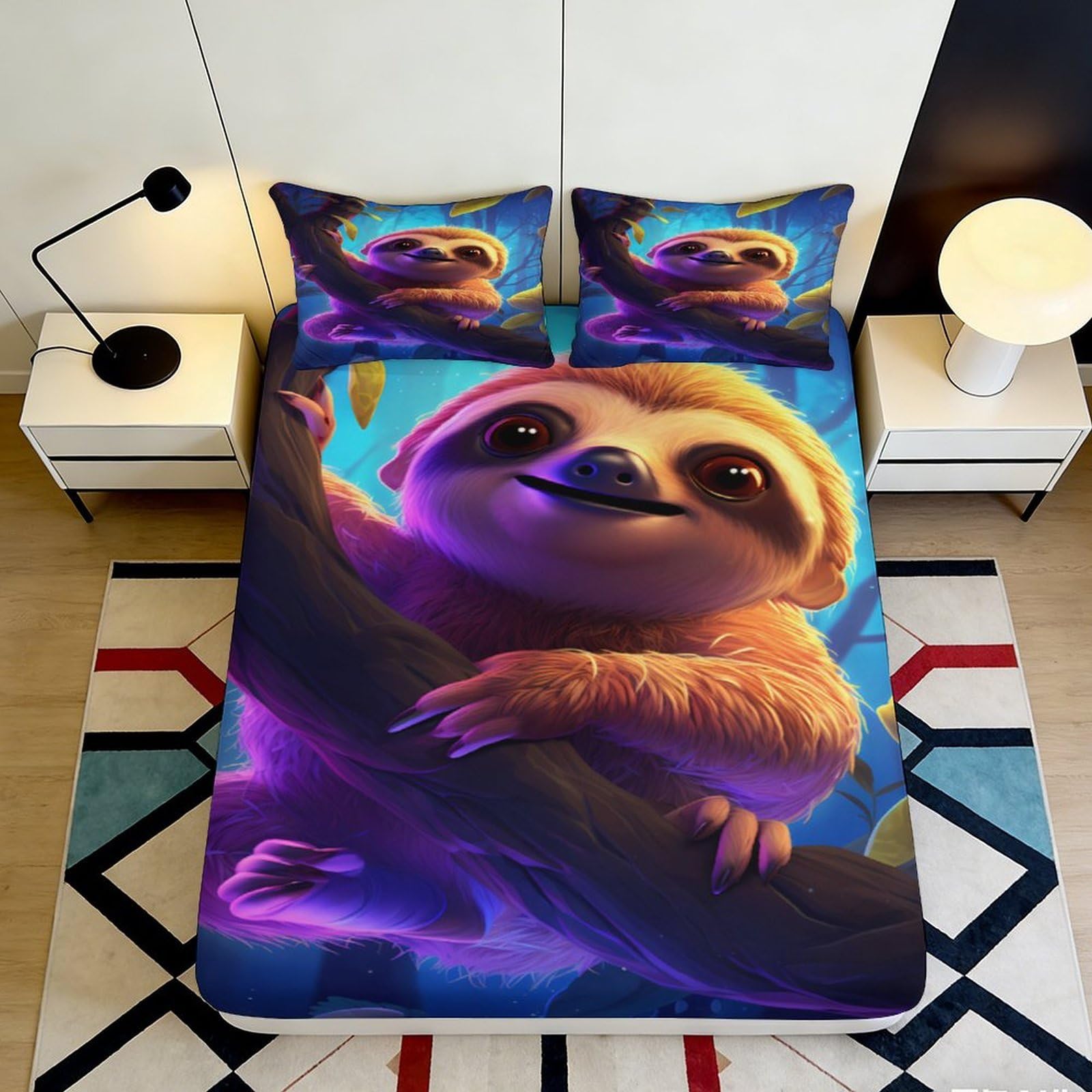 3D Printed Cute Sloth Fitted Sheet Microfiber Soft Breathable Tree Branch Bed Cover for Bedroom Dorm Mattress Protection Decor 90x200x25cm