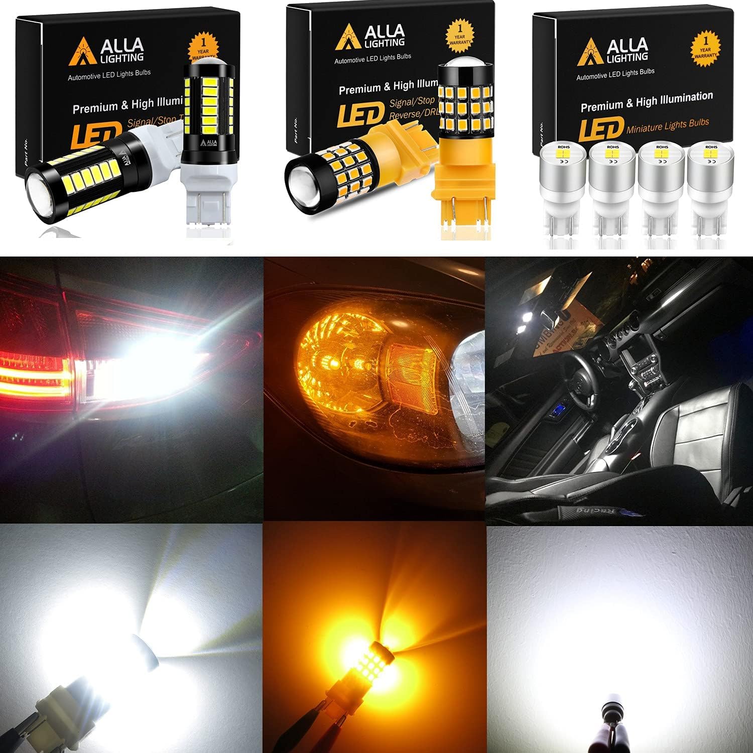 4x T10 168 175 194 LED Bulbs, License, Interior Lights + 2x T20 7440 7443 LED Bulbs 6000K Xenon White Backup Reverse, Brake Tail Lights, DRL + 2xT25 3156 3157 LED Amber Yellow Turn Signal Lights Bulbs