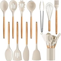Weozhcie 12-Piece Silicone Kitchen Utensil Set, 446°F Heat-Resistant Nonstick Safe Tools - Ladle, Spatula, Tongs, Whisk in Khaki