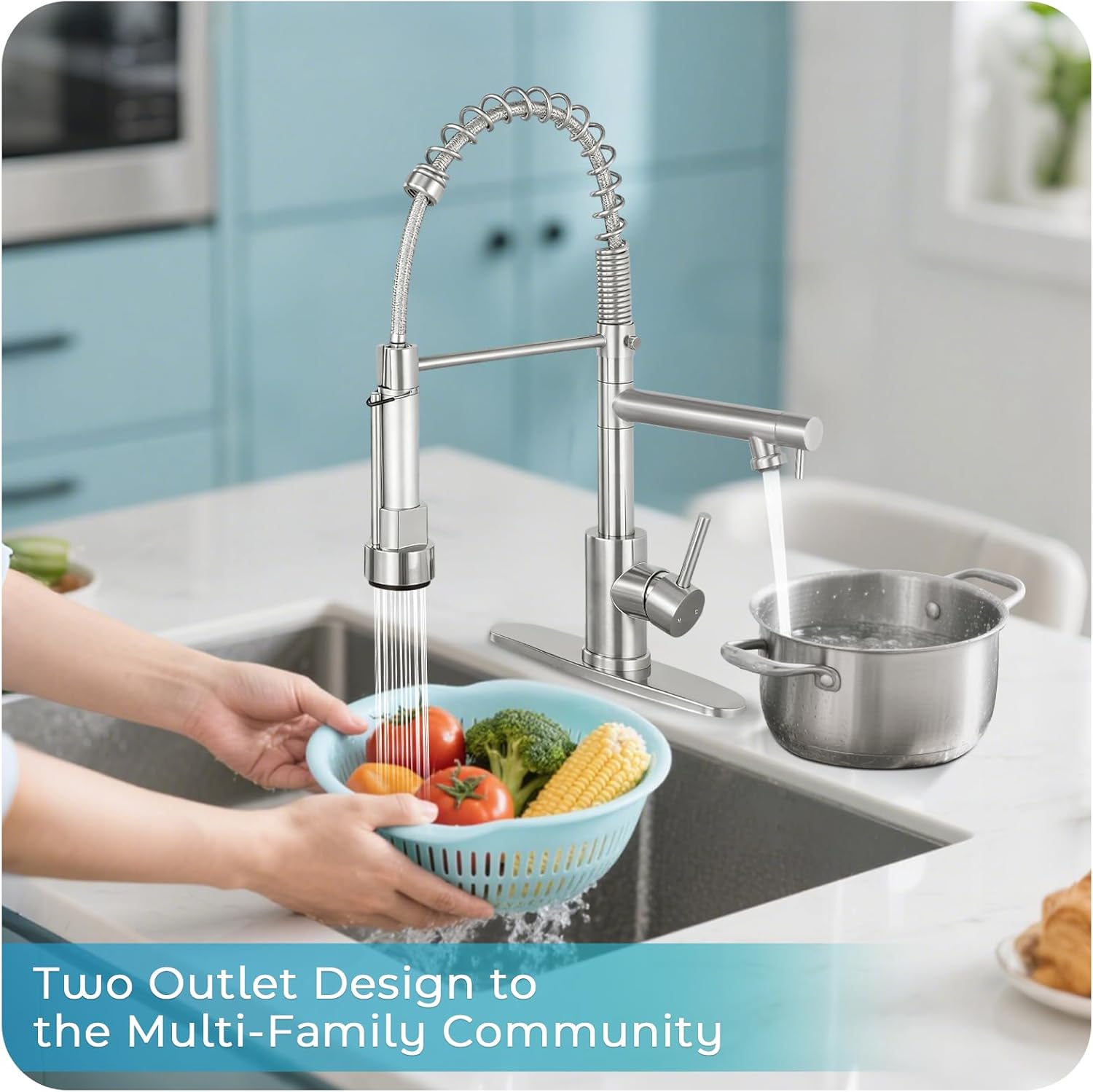 Kitchen Faucet with Pull Down Sprayer - Brushed Nickel Single Handle Commercial Kitchen Faucets, 2-Spout Kitchen Sink Faucet, Stainless Steel Spring Pull Out Sink Faucet 1/3 Hole