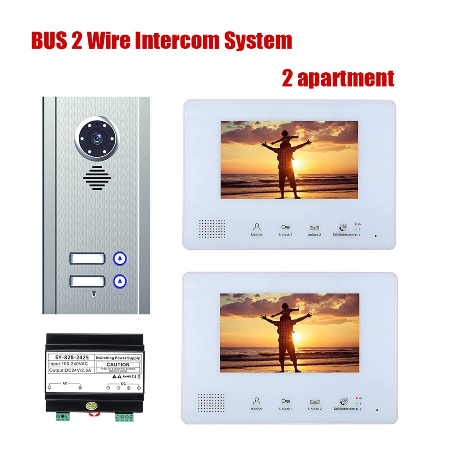 Videoportero con cámara de alta definición, 7 pulgadas Autobús 2 Kit de sistemas de intercomunicadores de teléfono de video for cables for casa 1 unidades Apartamento Noche Visión Audio claro, Fácil d