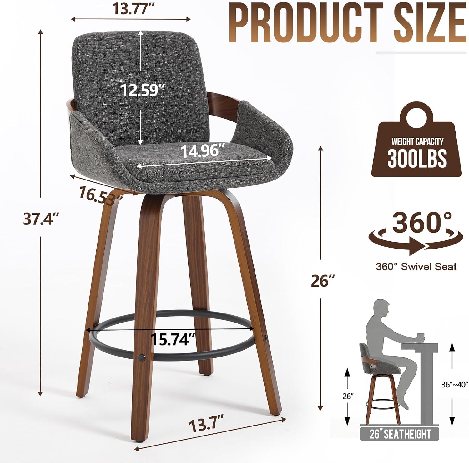 Misshappy 26 Inch Counter Height Bar Stools Set of 2, Swivel Walnut Bar Chairs with Back, Arm Rest for Modern Kitchen Island, 300 Lbs Capacity, Fabric (Dark Gray)