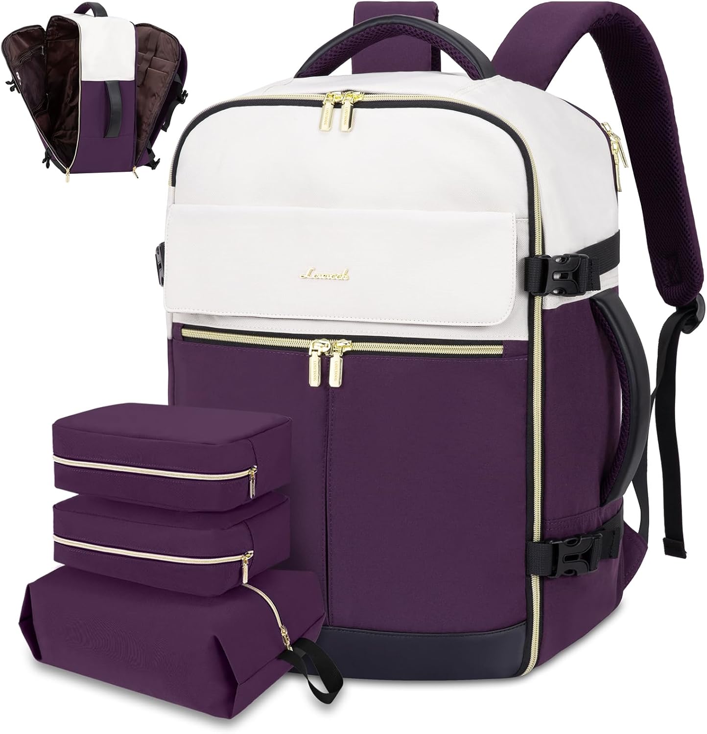 LOVEVOOK Travel Backpack, Carry On Backpack for Women, 40L Flight Approved Personal Item Backpack, Large Water Resistant Luggage Daypack with 3 Packing Cubes, fits 17inch Laptop, Beige-Purple-Black