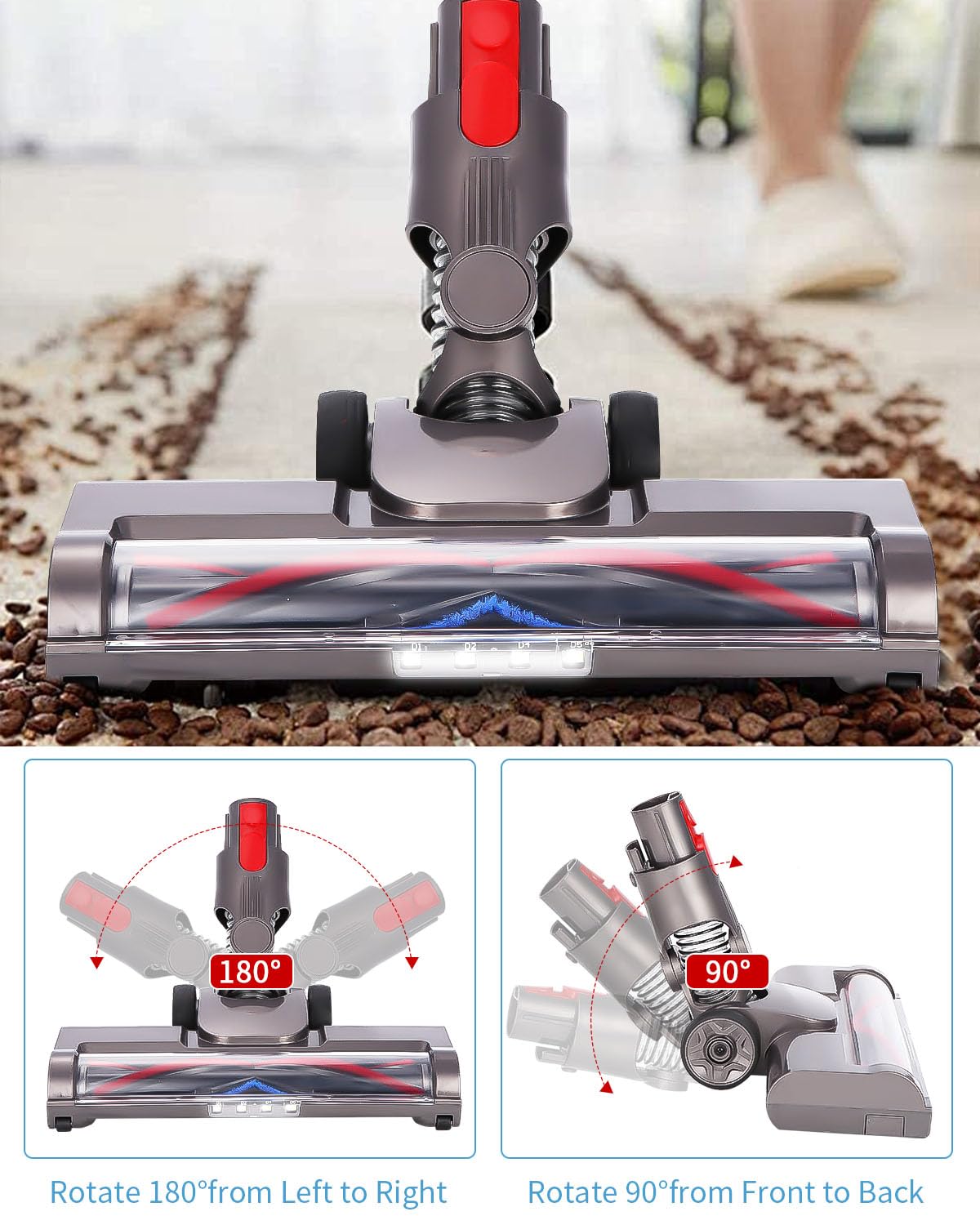 Cepillo Compatible con Dyson V7 / V8 / V10 / V11/V15 Aspiradoras, Recambios Cepillo de Accionamiento Directo con 4 Luces LED, para Alfombras y Suelos Duros