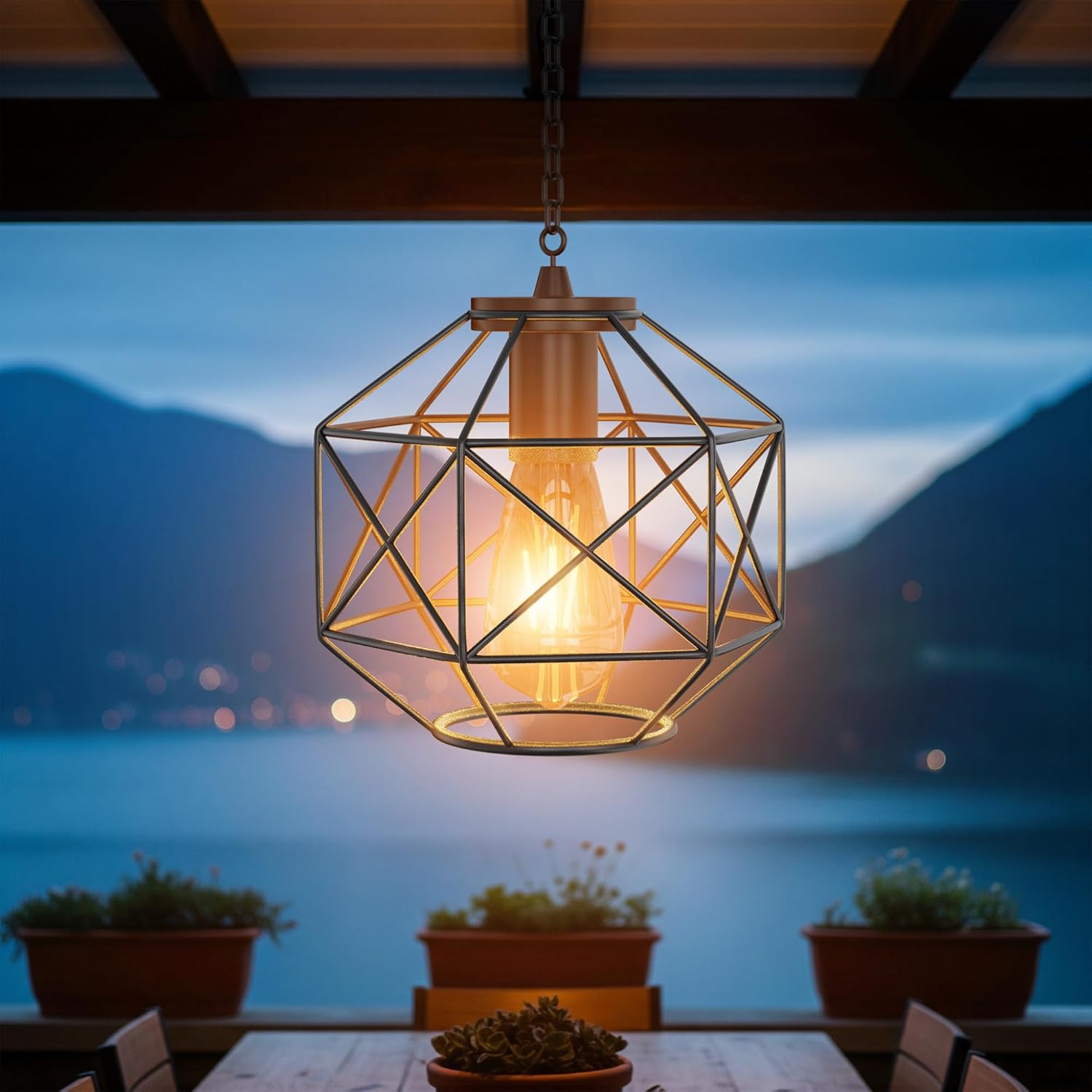Hanging Solar Lantern,7.8′′×7′′Outdoor Solar Lanterns Waterproof Pendant Light Outdoor Chandelier for Gazebo Patio Porch Garden Barn Tree Pergola Decor
