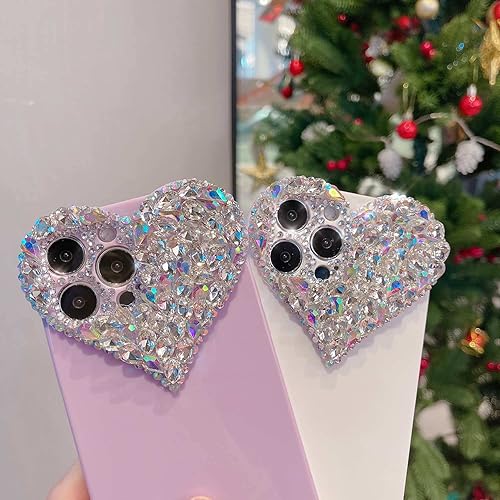 Miniatura 4 de Bonita funda para iPhone 12 Pro Max con purpurina 3D para mujeres y niñas, bonita funda estética con diamantes de imitación y gemas de corazón,