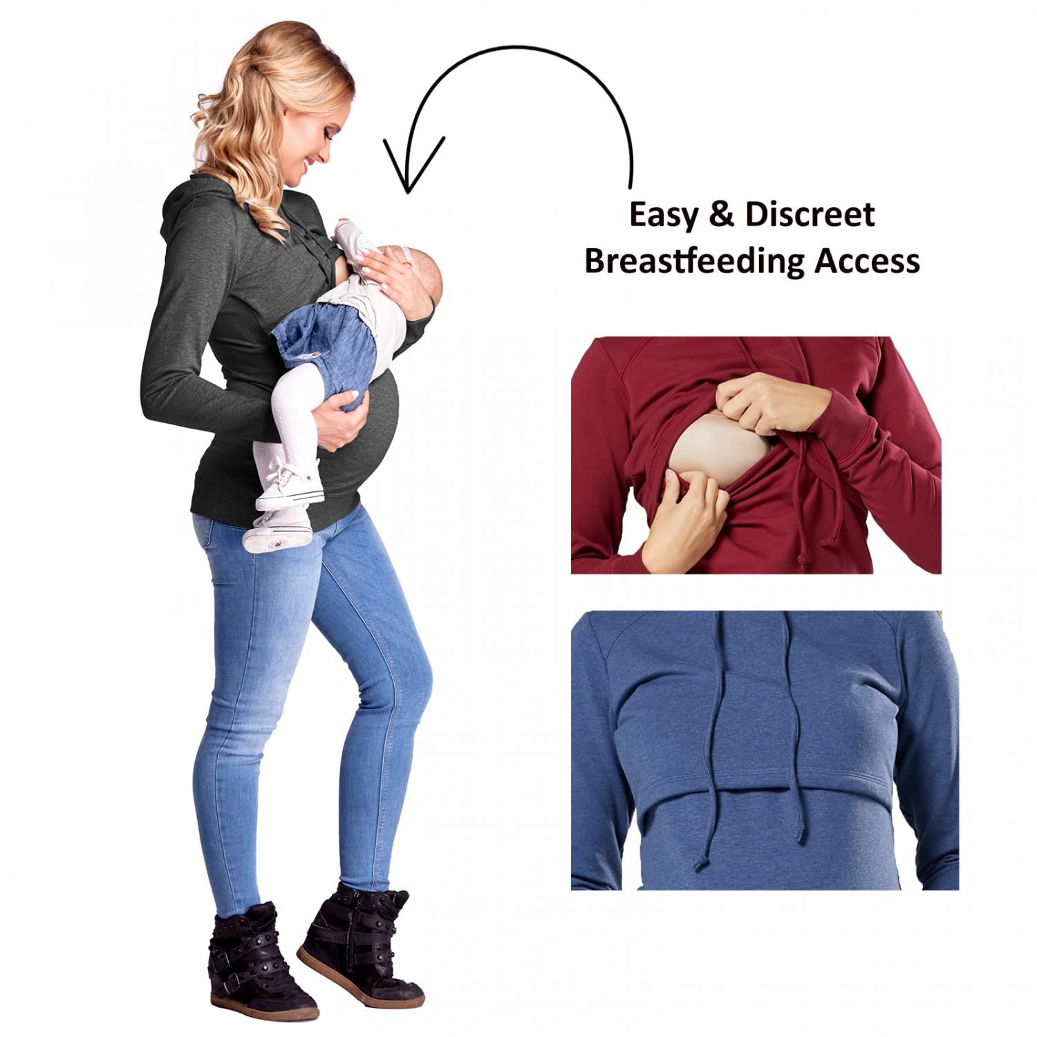 Happy Mama. Damen Kapuzenpullover Stillzeit Top Zweilagiges Sweatshirt. 272p (Grau Melange, 36, S)