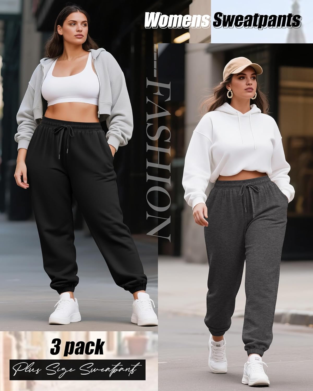 3 Pack Women's Plus Size Joggers, Drawstring Loose Fit Sweatpants Comfy Casual Lounge Pants with Pockets - Image 2