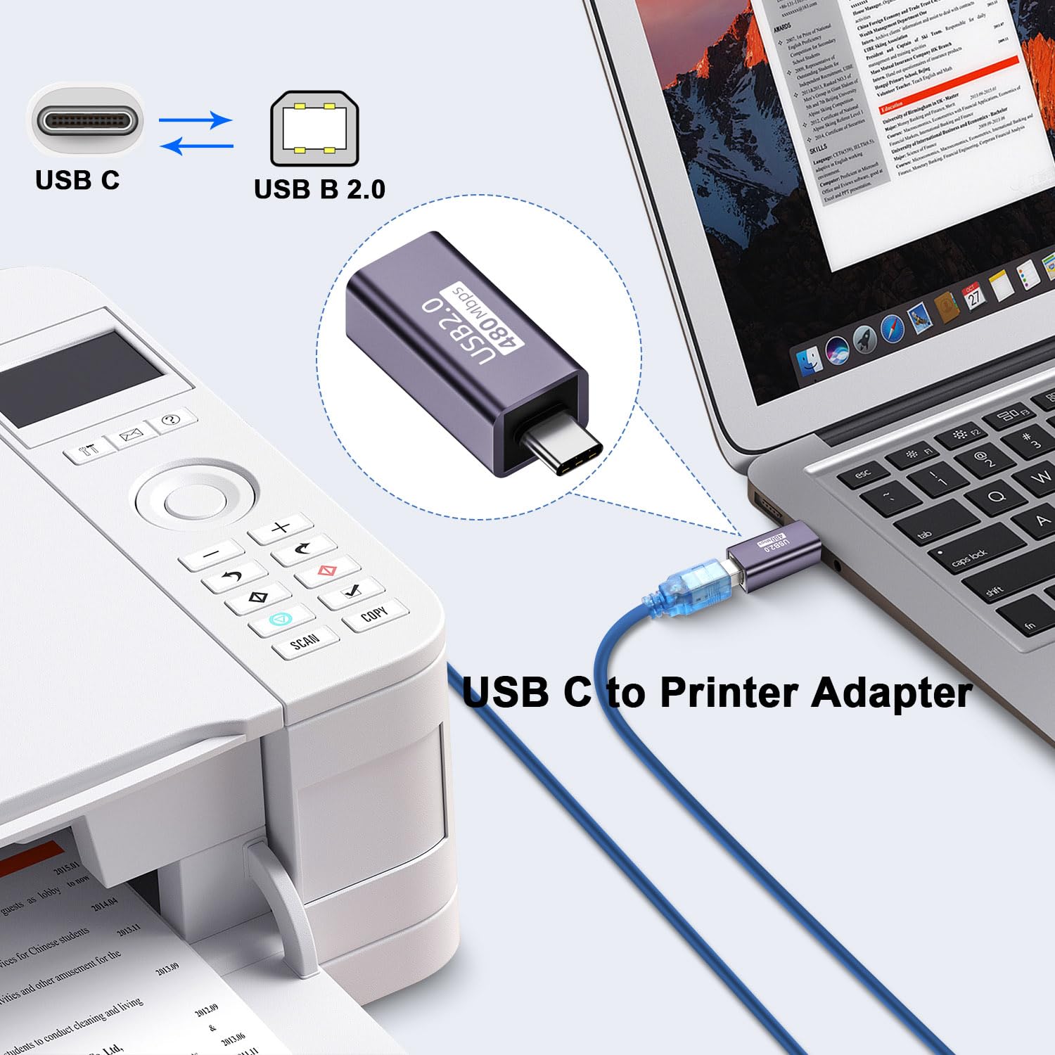 JSADZKJ Lot De 2 Adaptateurs USB B Vers USB C Mâle Vers Imprimante Femelle, Synchronisation De Données Et Chargement De Type C Vers USB B 2.0 Pour Imprimantes, Scanners, Télécopieurs, Pianos