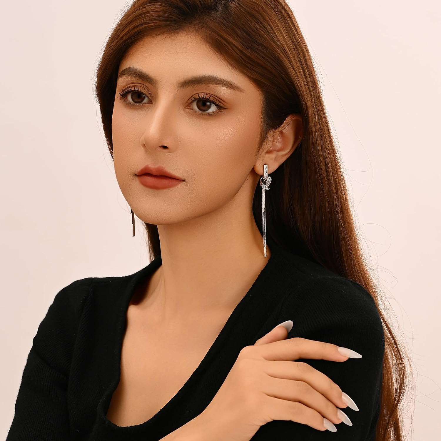 18K Gold/Silver Plated Dangle Earrings for Women Sparkly Rhinestone Long Tassel Dangle Earrings Dainty Long Hanging Chain Earrings Wedding Party Prom Earrings
