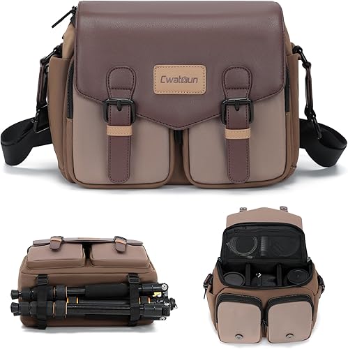 Miniatura 17 de Cwatcun Bolsa de Hombro para Cámara Estuche de Cámara Compacta, Pequeña Bolsa Mensajero Impermeable para Cámara con Soporte para Trípode, Bolsa de