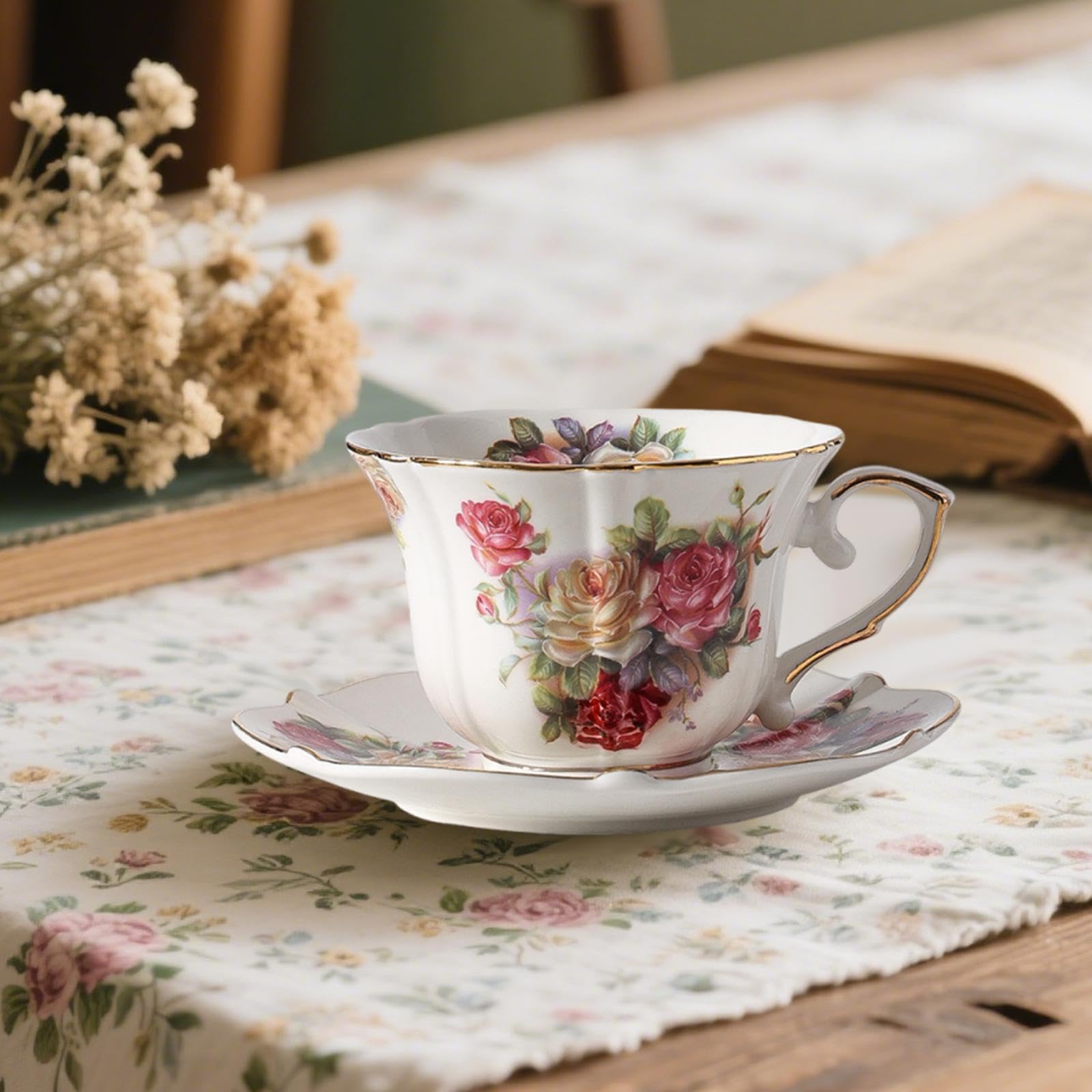 Fenteer Juego de Tazas y platillos de cerámica para café, té y Leche, con diseño Floral, hogar.