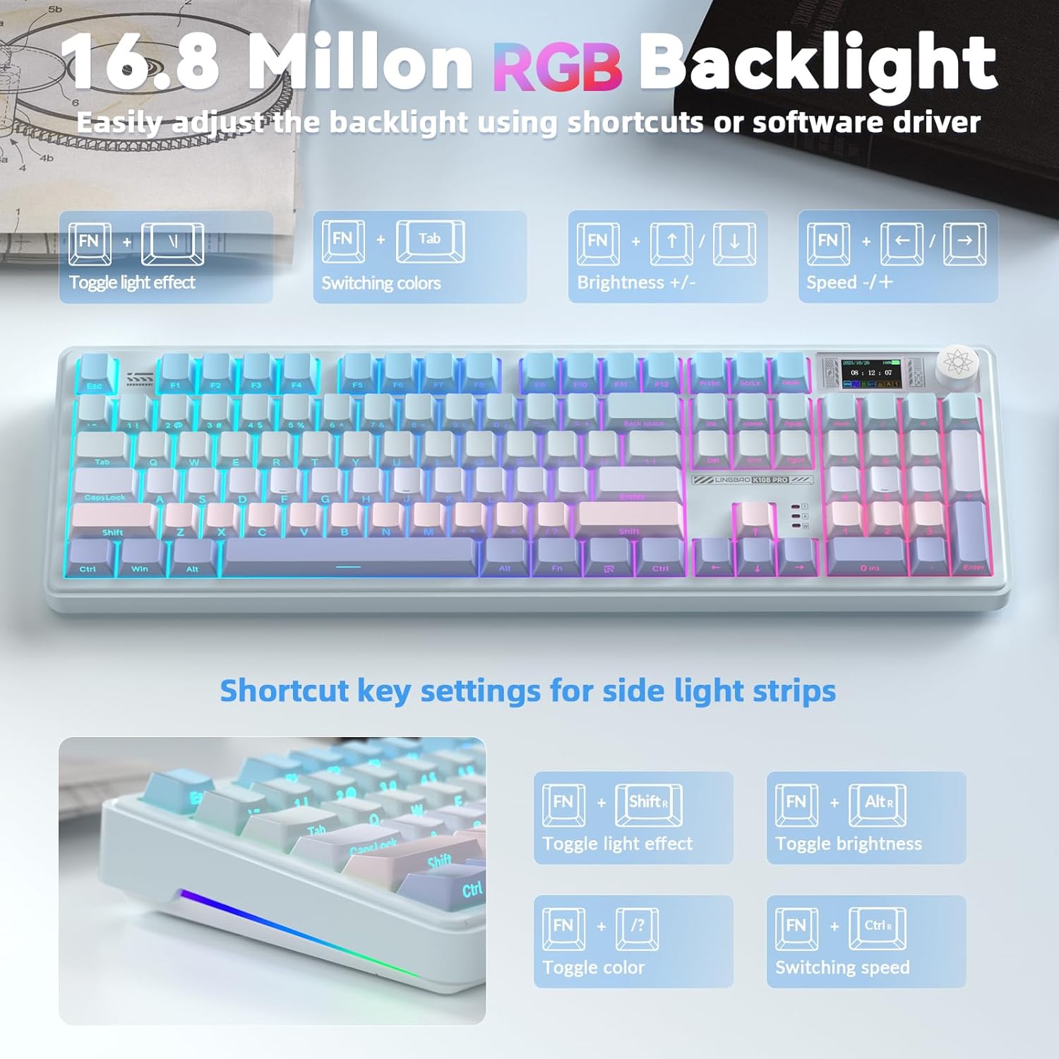 LINGBAO K108 Pro keyboard showing RGB backlight customization options