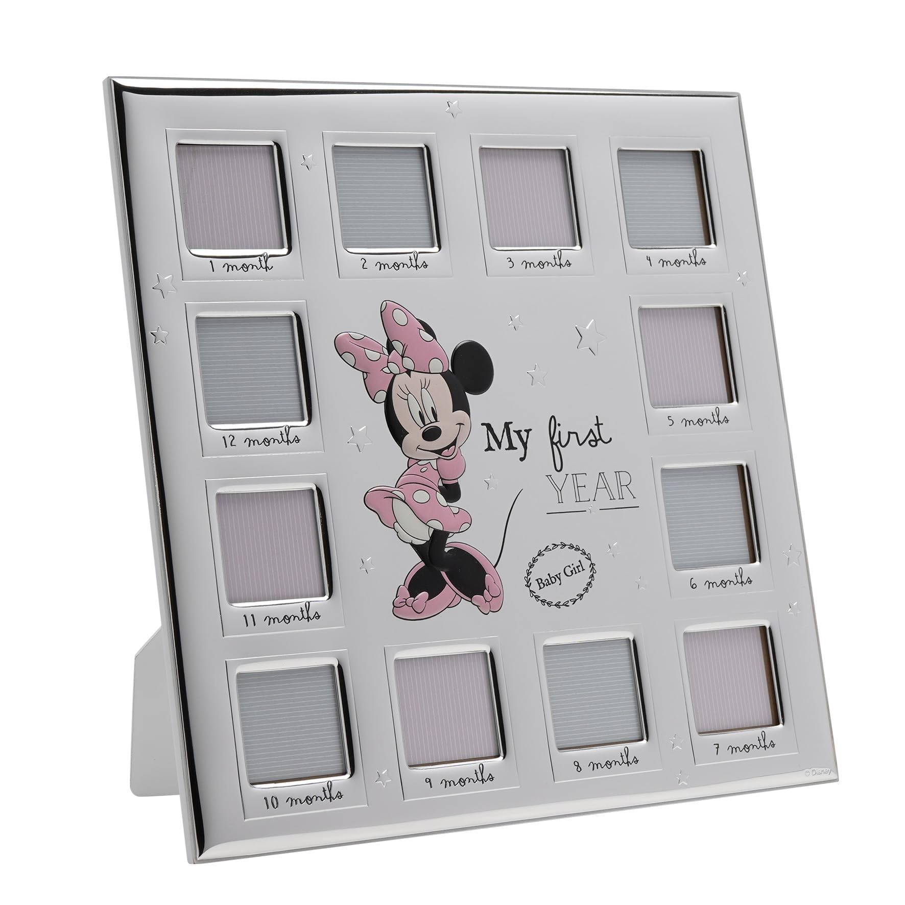 Disney – Minnie Mouse – Real Silver-Plated Multi 12 Aperture Photo Frame 'My First Year' – Made in Italy Licensed Disney Merchandise Self-Standing Wood Back Early Years, New Girl Baby, Birth Gifting.