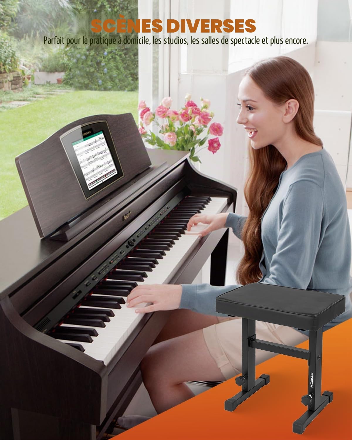 STRICH SPB-M50 Tabouret réglable pour clavier de musique avec coussin rembourré pour musiciens Noir