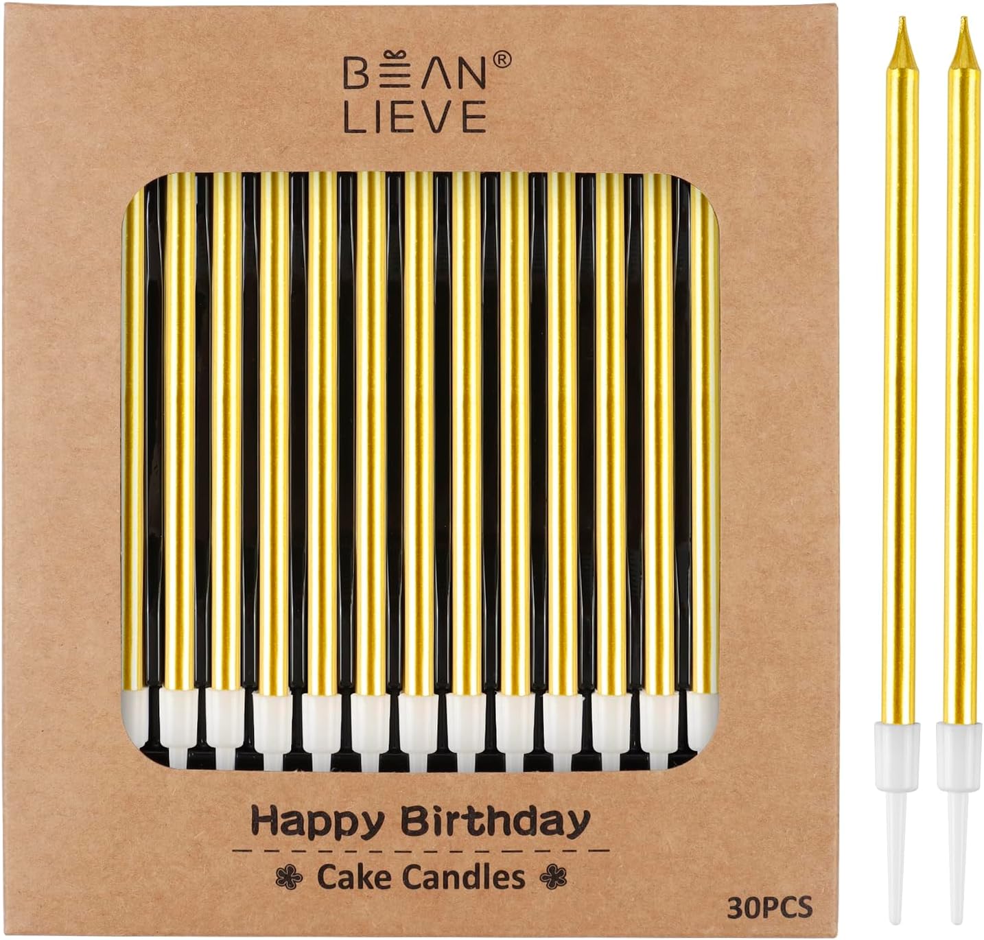 BEAN LIEVE 30-Count Gold Long Thin Metallic Birthday Candles, Cake Candles, B...