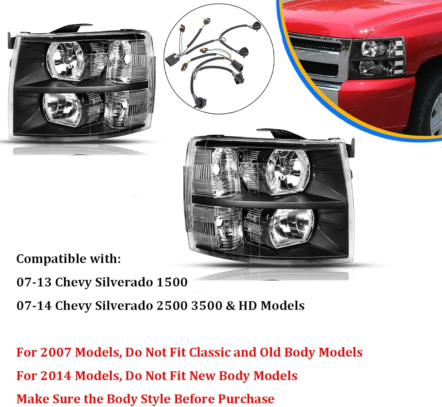 APSVE 2007 2008 2009 2010 2011 2012 2013 Chevy Silverado 1500 Headlights Assembly Replacement 07-14 Silverado 2500HD 3500HD Headlamp Head lights with Wiring Harness, Black Housing Clear Lens, 4pcs
