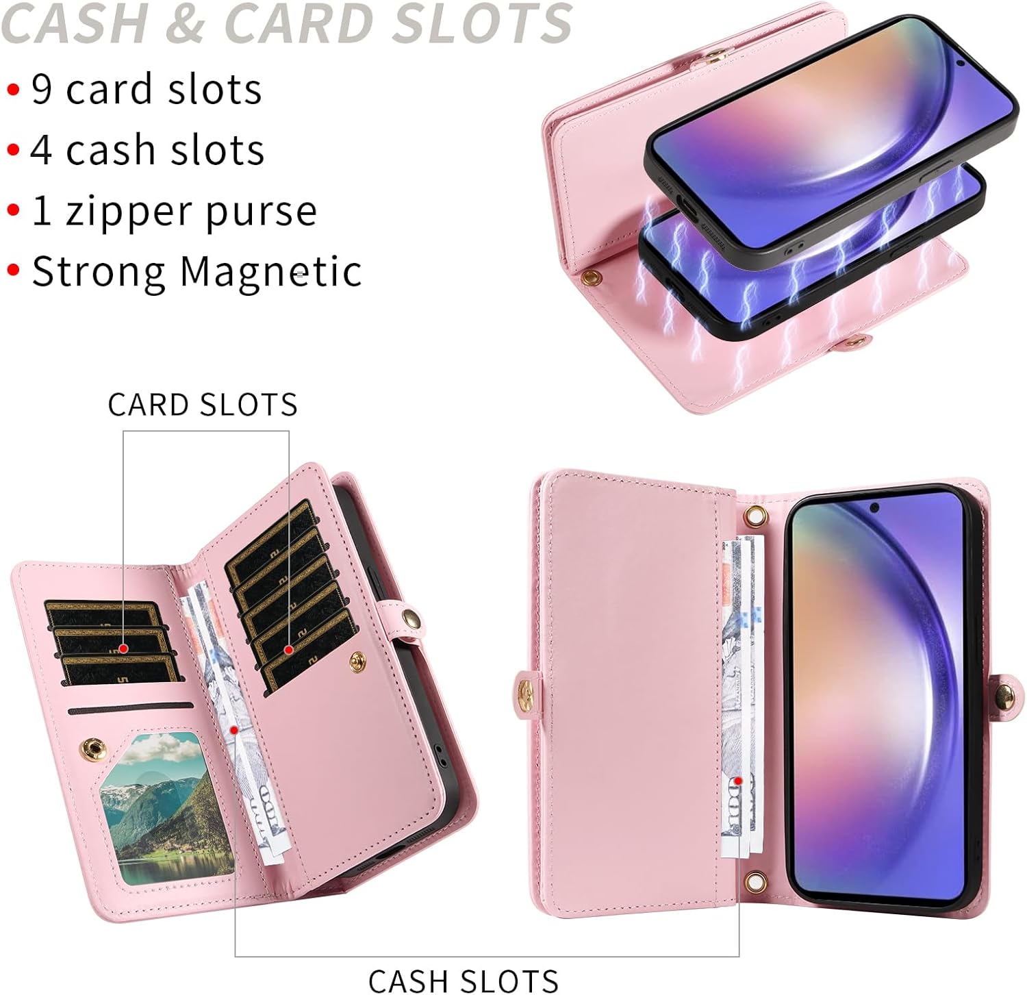 Asuwish Phone Case for Samsung Galaxy A54 5G Zipper Wallet Detachable Magnetic Cell Cover with Screen Protector Crossbody Strap Bling Flip Credit Card Holder A545G A 54 54A 4G G5 SM A546U Women Pink