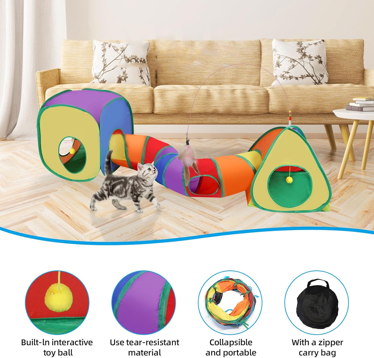 Cat Tunnels for Indoor Cats with Tent Cube and Feather Toy Collapsible Combo, Pop Up Cat Play Tunnel with Interactive Cat Toy Ball for Kitten, Ferret, Puppy, Guinea Pig, Rabbit, Bunny, Multicolour