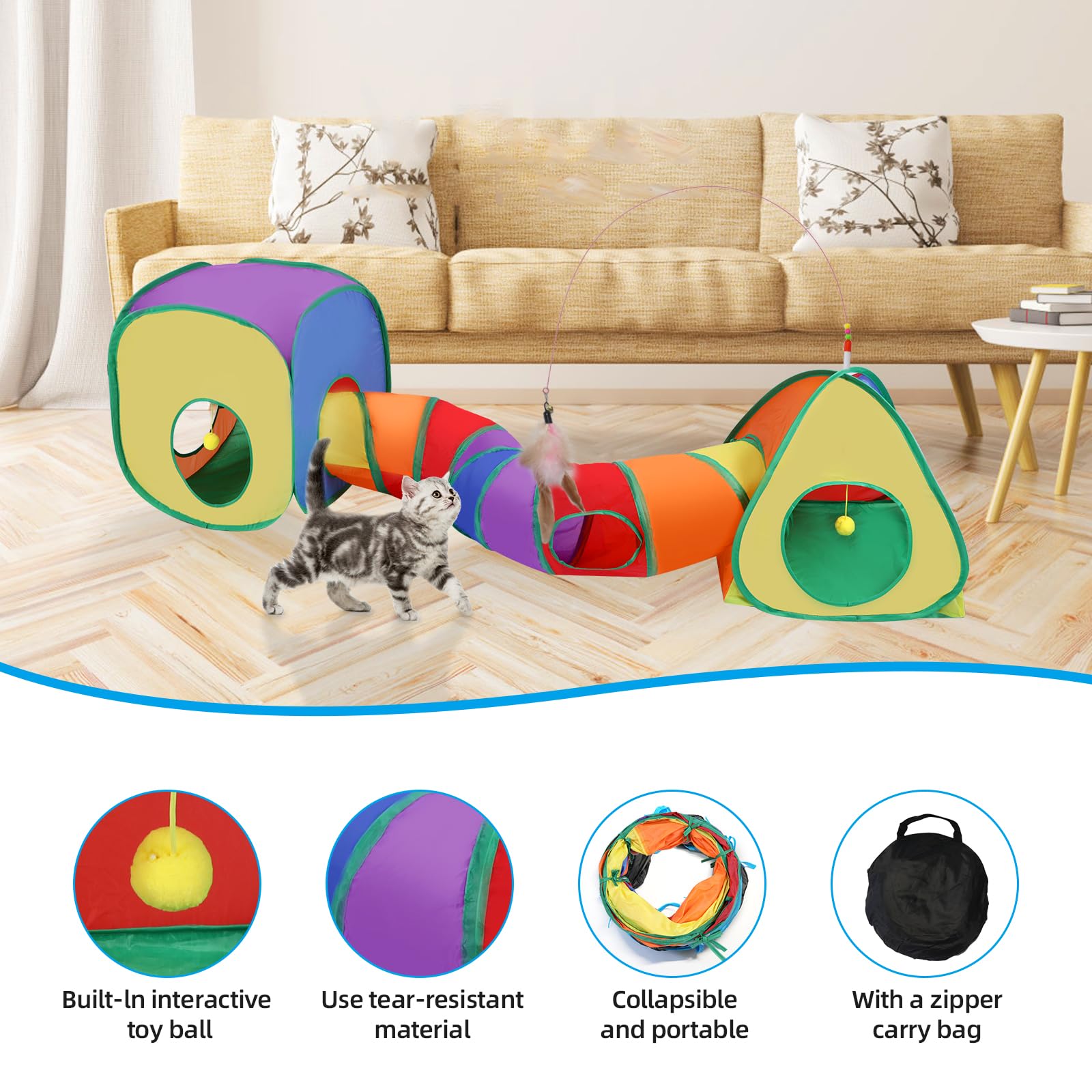 Túneles para gatos de interior, tienda de campaña para gatos, cubo para gatos y plumas, combo plegable, con bola de juguete interactiva para gatos, juego de juguetes para gatos de interior, hurón,