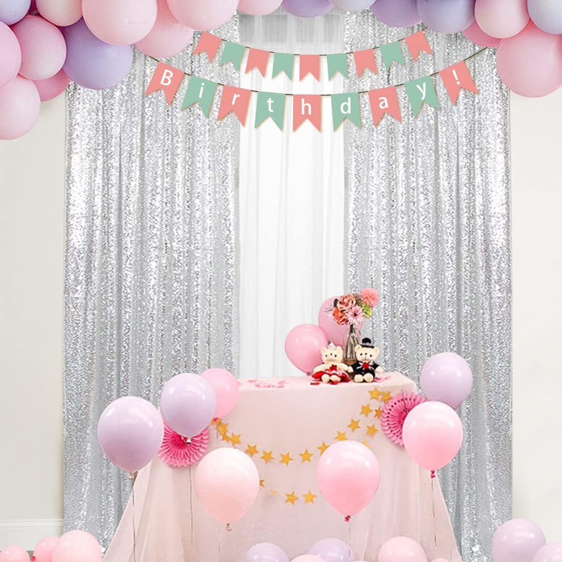 PartyDelight Silver Sequin Backdrop Curtains 2x8ft 2 Panels - High Density 3mm Shimmer Sequin Background Sparkly Photography Drapes for New Year's Eve, Disco Parties, Winter Wonderland & Event Decor