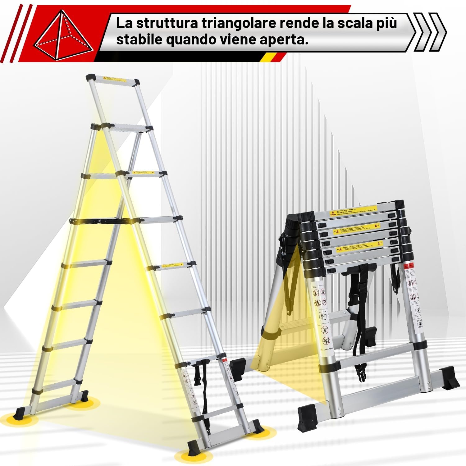 Lospitch - Scala telescopica pieghevole, 2 + 2,3 m, in alluminio, antiscivolo, multiuso, allungabile, telaio ad A, 6+7 pioli, portata 150 kg