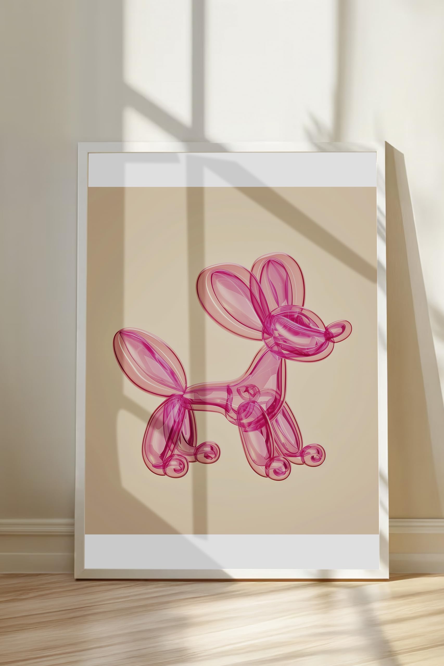 Zestia Beyaz Çerçeveli Tablo, Balon Köpek Heykeli, Gölge Efektli, 3D Minimal Poster No: 106456 21 x 30