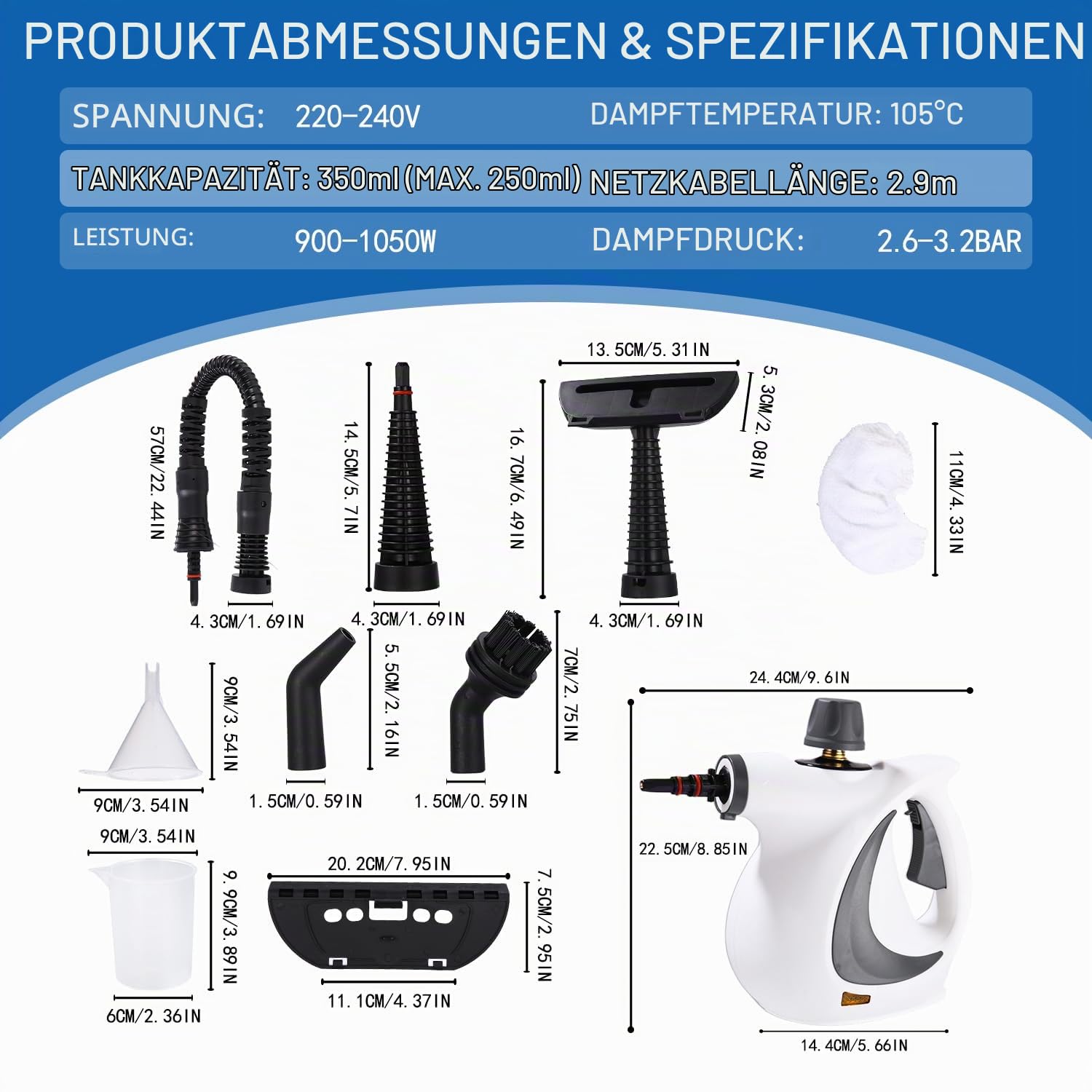 Dampfreiniger, 1050 W Dampfreiniger Handgerät mit 12 Zubehör, 3,2 bar Dampfdruck Hand Steam Cleaner, Multifunktional Handdampfreiniger für Alles Boden Küche Badezimmer Fenster Auto Sofa Teppich