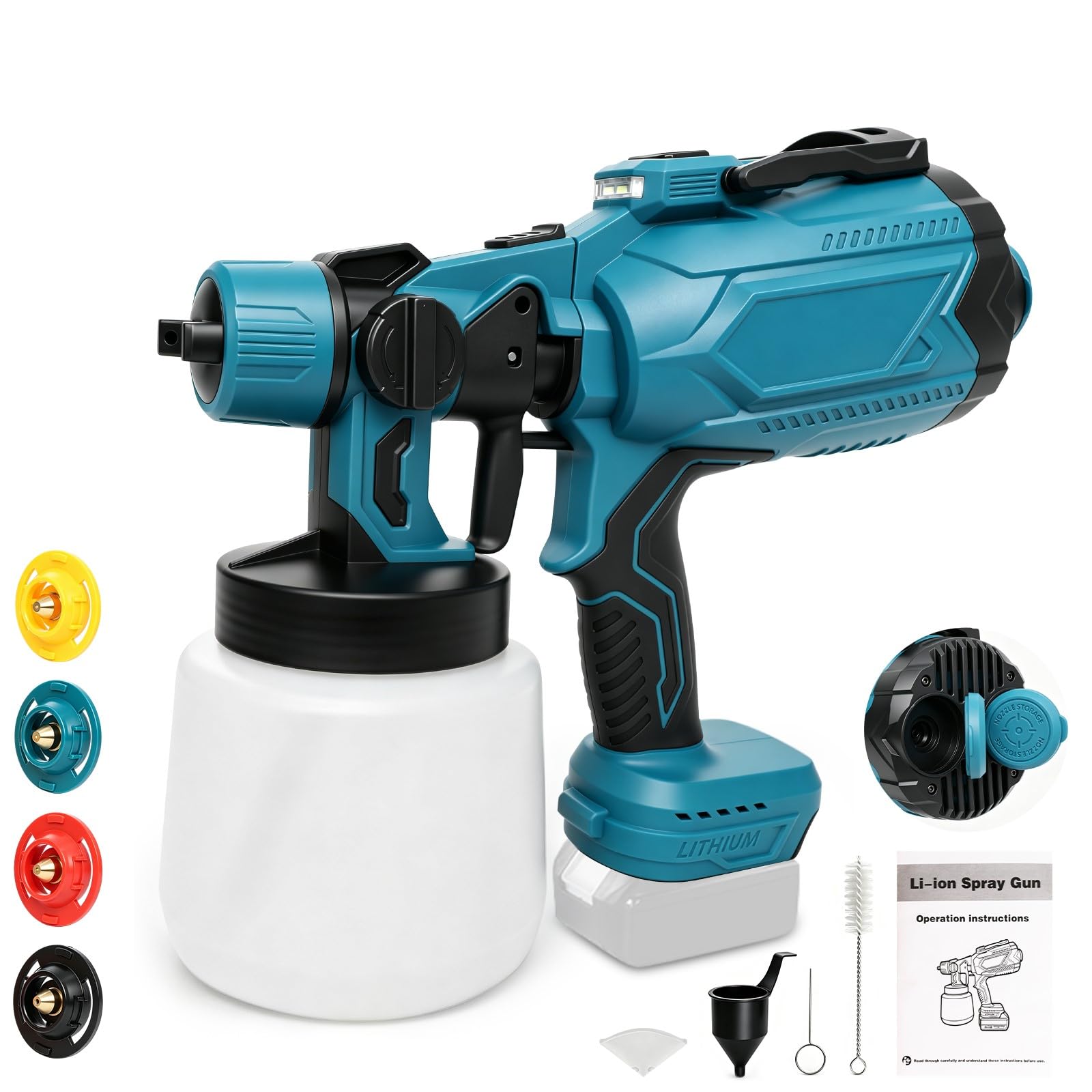 Pulverizador de Pintura a Batería para Makita 18V (sin Batería) | 200W, Pistola de Pintura Eléctrica, Depósito 1L, 4 Boquillas, 3 Patrones, Luz LED, Asa de Transporte