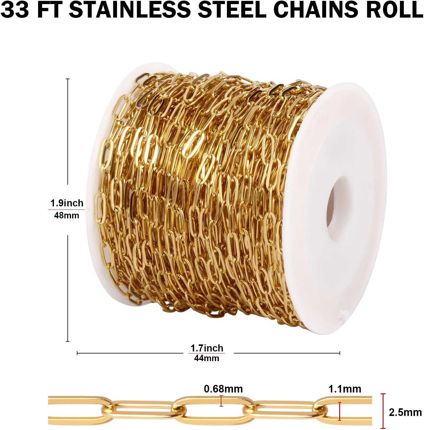 [33FT] 18K Gold Plated Paperclip Chains for Jewelry Making, 2.5mm Wide 304 Stainless Steel Paperclip Link Chain Roll Bulk for DIY Jewelry Making Craft - Image 2