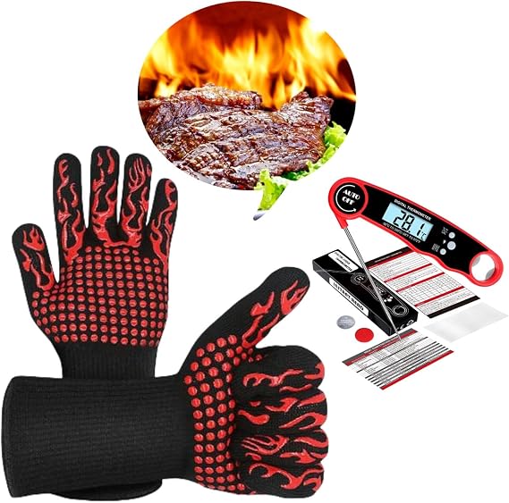 Heat Resistant Gloves BBQ Grilling Gloves for Men Women Kitchen Gloves Up to 1472F+ Meat Thermometer Probe Auto-Off for Barbecue,Grill,Cooking, Baking, Cutting