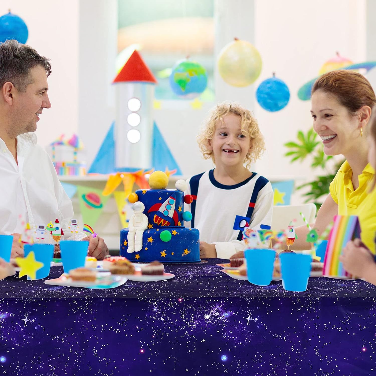 Space Party Tablecloth Purple Nebula Galaxy Plastic Table Cover Space Star Tablecloth Disposable Starry Night Sky Table Cover for Birthday Home Decorations and Supplies, 54 X 108 Inch (1 Pack)