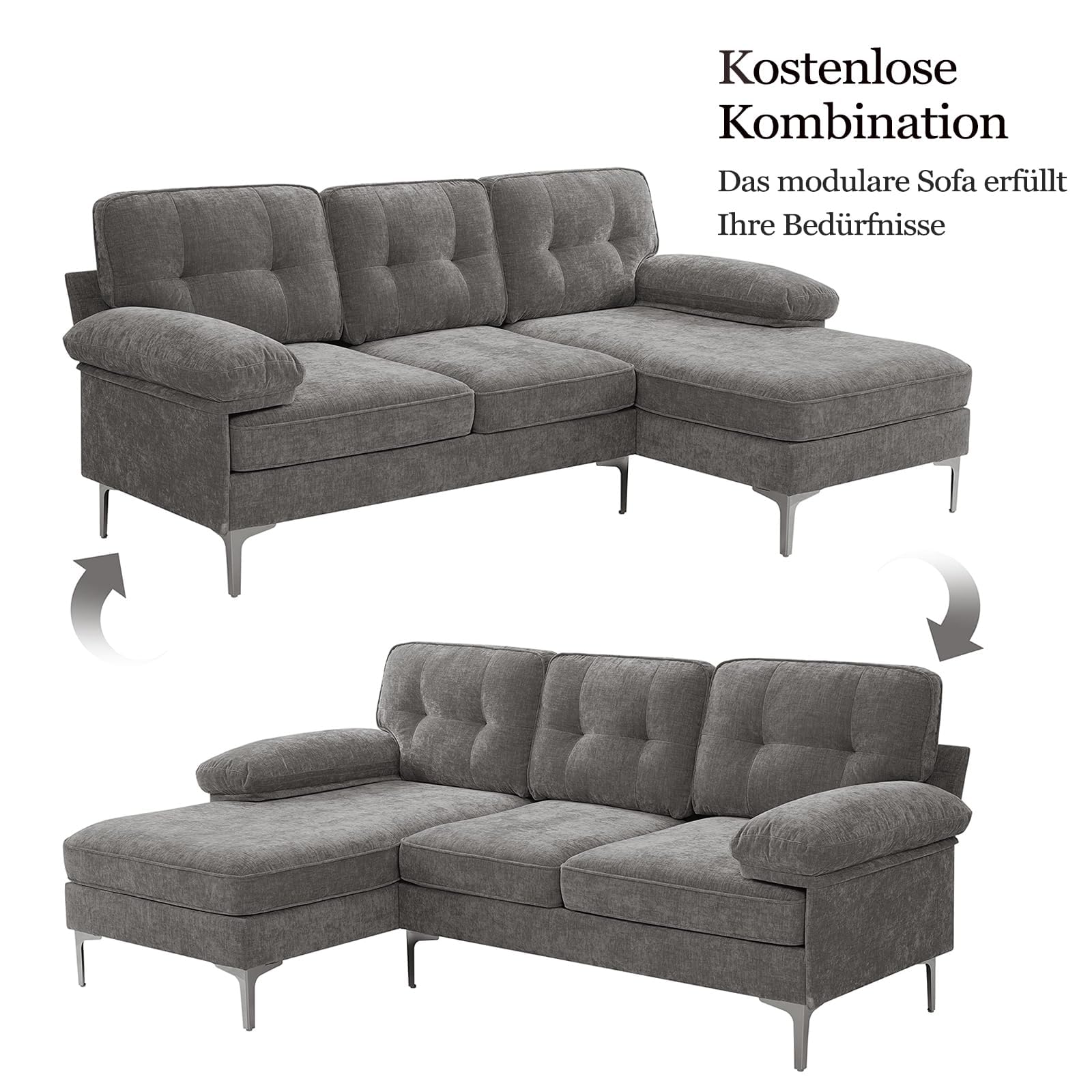 DUANDUAN Ecksofa 3-Sitzer Sofas 210cm breit Polsterecke mit Federkern Kissen und Rückenlehnen abnehmbar und waschbar - Chaiselongue beidseitig montierbar Couch L-Form fürs Wohnzimmer (Grau)
