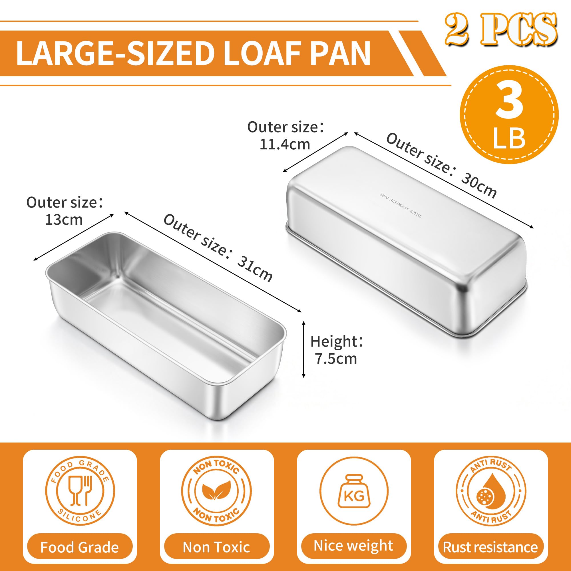 Joyfair Set di 2 teglie per pane in acciaio inox, 1,4 kg, grandi stampi per pane alla banana, torte, lasagne, brownie, atossici e resistenti alla ruggine, adatti al forno e alla lavastoviglie, 31 x 13