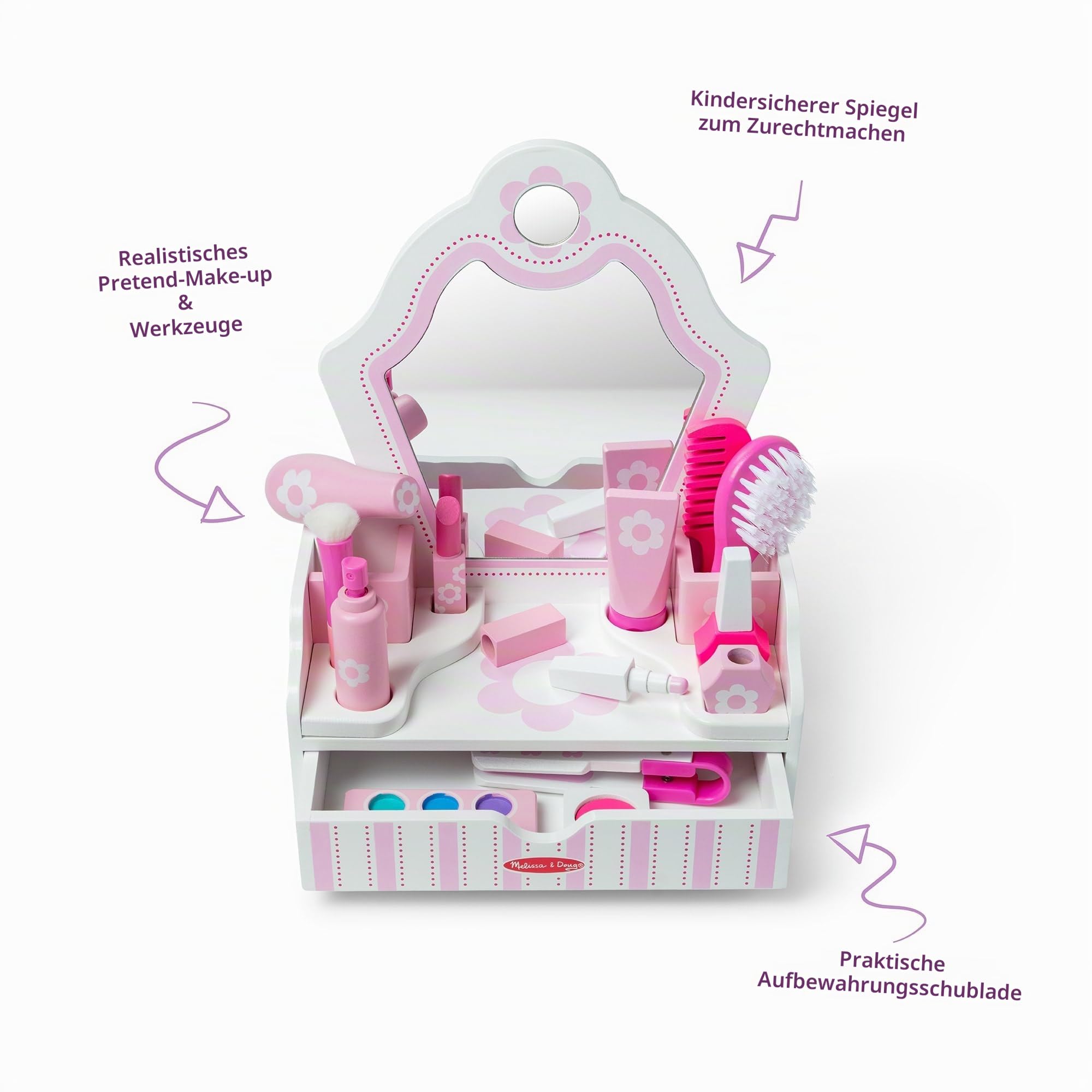 Melissa & Doug - Schönheitssalon Spielset aus Holz - 18-teiliges Set mit Schminktisch und Zubehör für fantasievolles Rollenspiel, kein echtes Make-up, für Kinder ab 3 Jahren