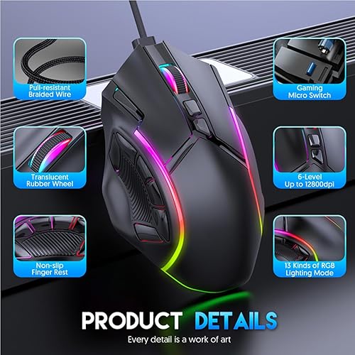 Miniatura 6 de EBTOOLS Gaming Mouse, 12 Programmable Buttons RGB Lights 12800DPI Ergonomic Design, with 1.8m Cable, for Computer Laptop PC