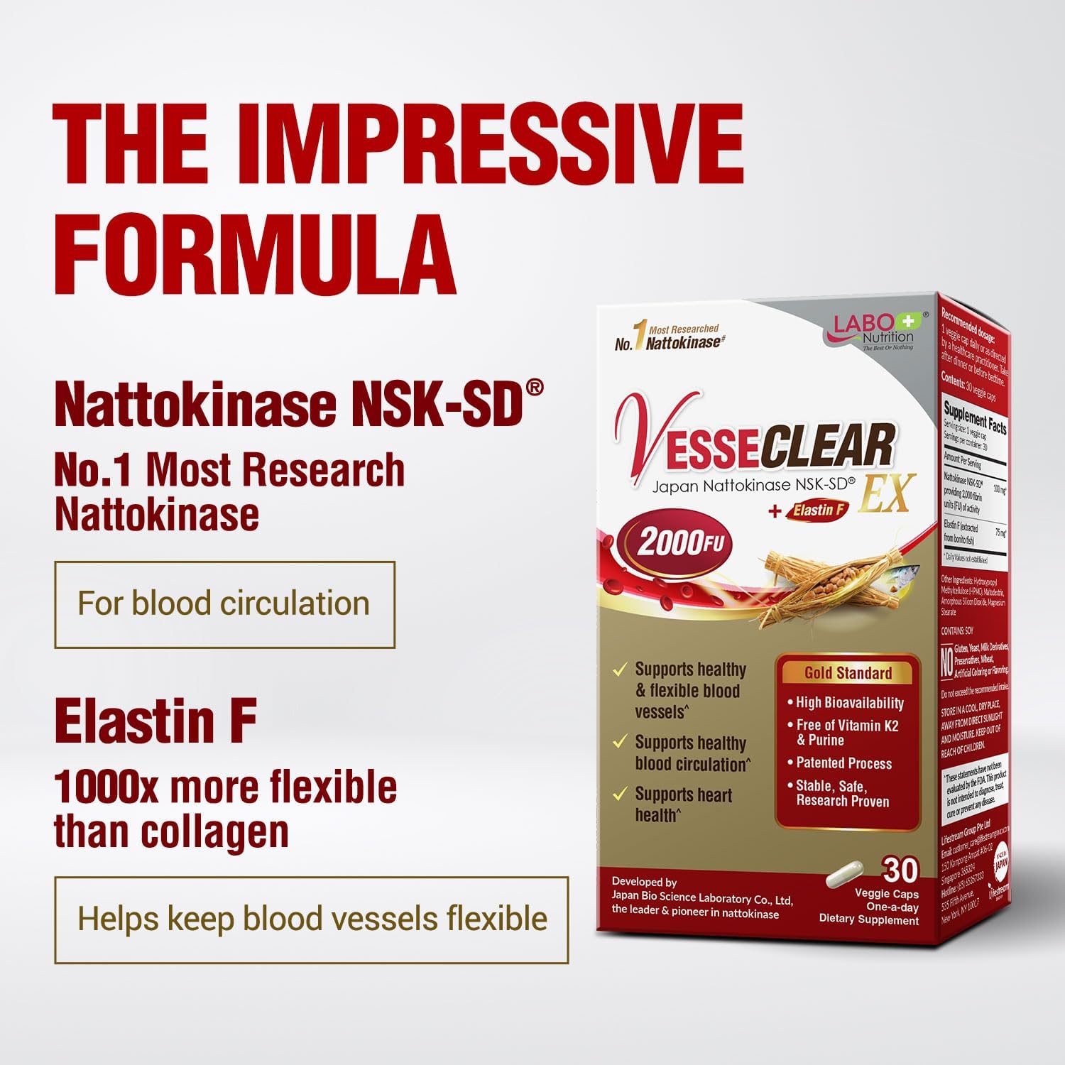 LABO Nutrition VesseCLEAR EX: Nattokinase NSK-SD+Elastin F for Clean & Flexible Blood Vessel. Japan's Most Research Proven, Functional Dose, Acid-Resistant/Delayed Release Capsules - Image 6