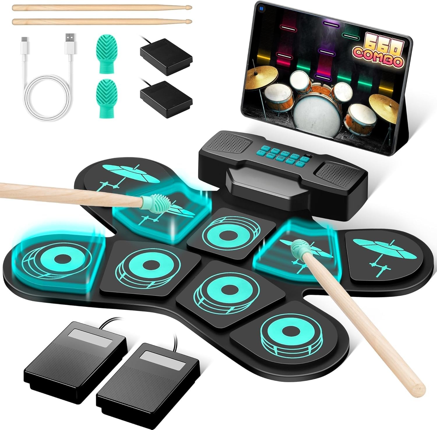 VEDO Kit de Bateria Eletrônica Portátil VD-SJG: 9 Pads com Alto-Falantes Duplos
