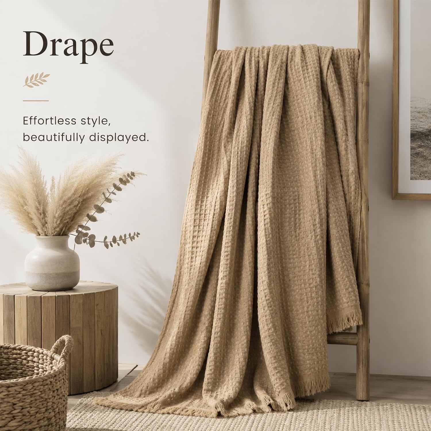 Throw Blanket for Couch, Waffle Blanket with Fringe, Modern Boho Farmhouse | Luxury Couch Throw Blanket, Living Room Statement Accent Decor, 50x70 Inches, Soft 3D Sculpted Texture for Bed & Sofa, Brown