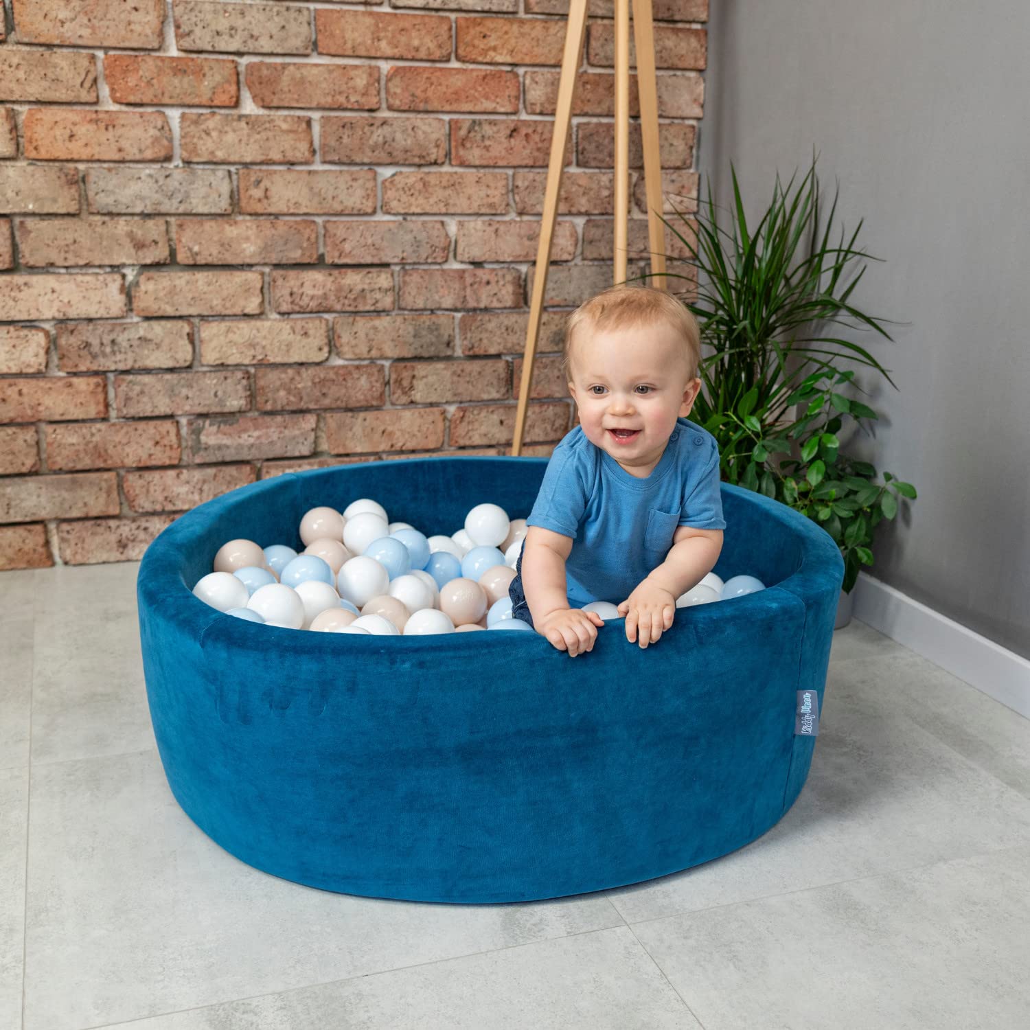 KiddyMoon Piscine À Balles pour Bébé Velours Rond 90X30cm/200 Balles 7Cm Fosses À Boules Jouet Enfant, Rose des Sables: Beige Pastel/Blanc/Perle